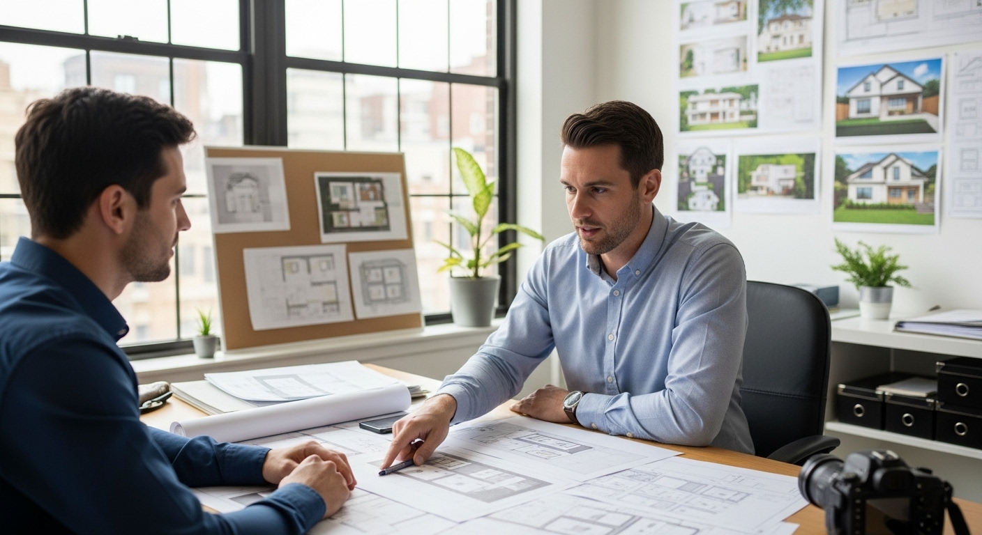 Professional architect presenting exterior design plans to a homeowner at a modern design studio, discussing structural and style improvements for a home remodeling project.
