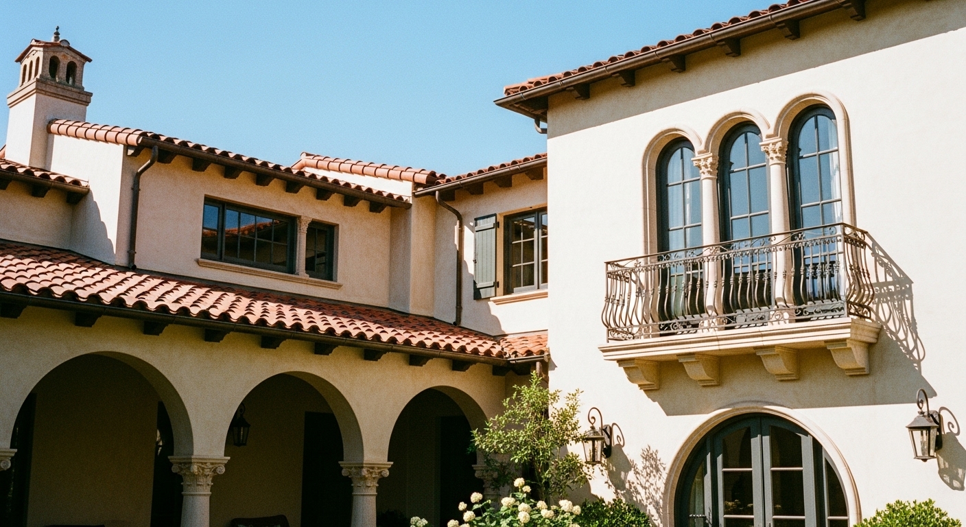 Mediterranean-style villa with stucco walls, red clay tile roof, arched windows, and wrought-iron balcony details in a sunlit setting