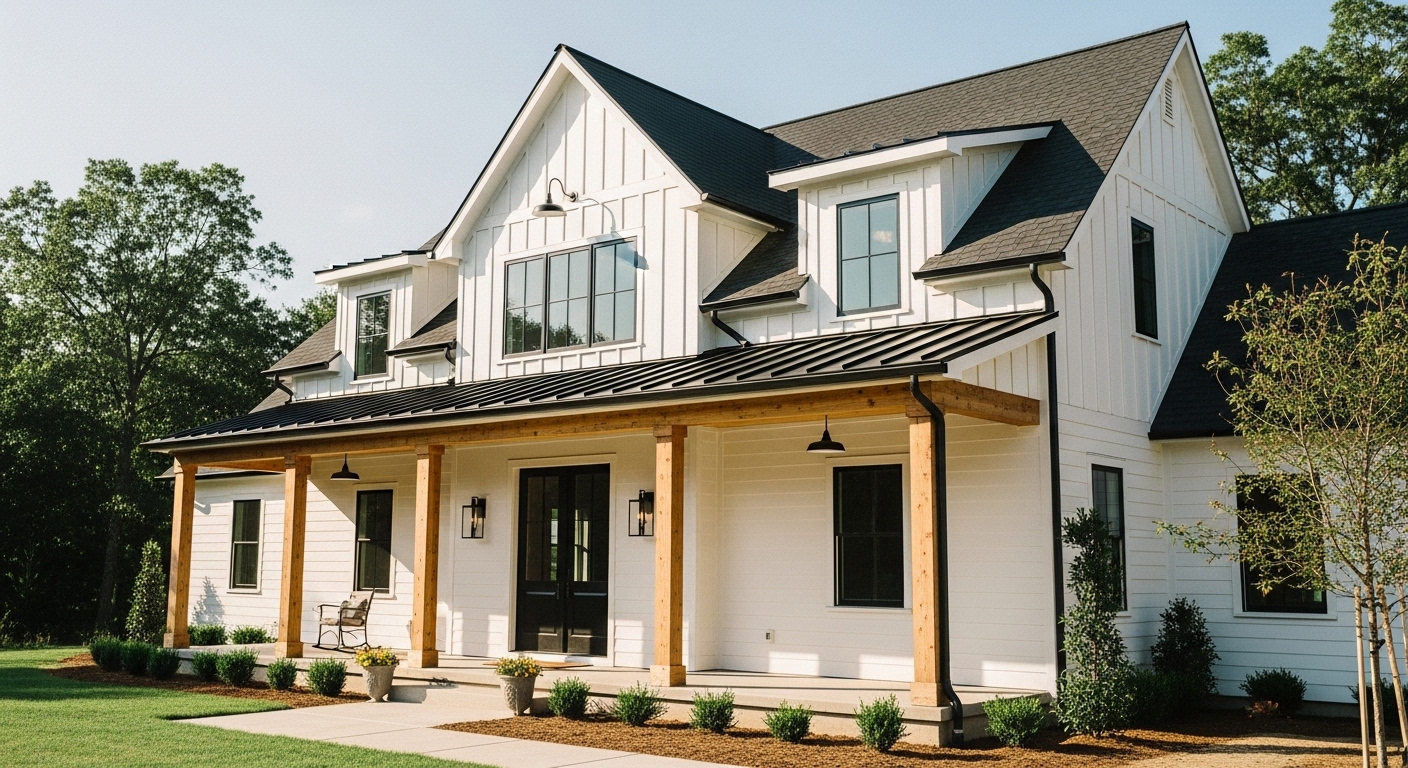 White modern farmhouse exterior with board and batten siding, gabled roof, welcoming porch, and natural wood accents