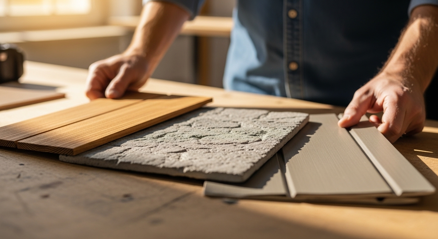 Homeowner examining weather-resistant exterior materials like siding, stone, and wood samples, considering maintenance and climate factors for a US home renovation.