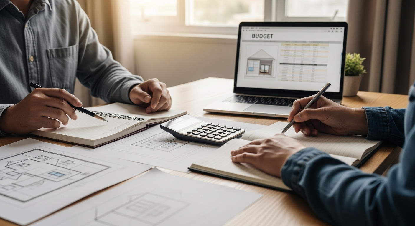 Homeowner setting a renovation budget with house design sketches, calculator, and laptop on a desk, representing planning for exterior home improvement projects.