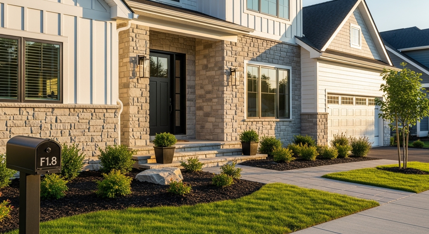 House exterior featuring mixed siding materials—classic board and batten with natural stone veneer accents for a rich textured facade