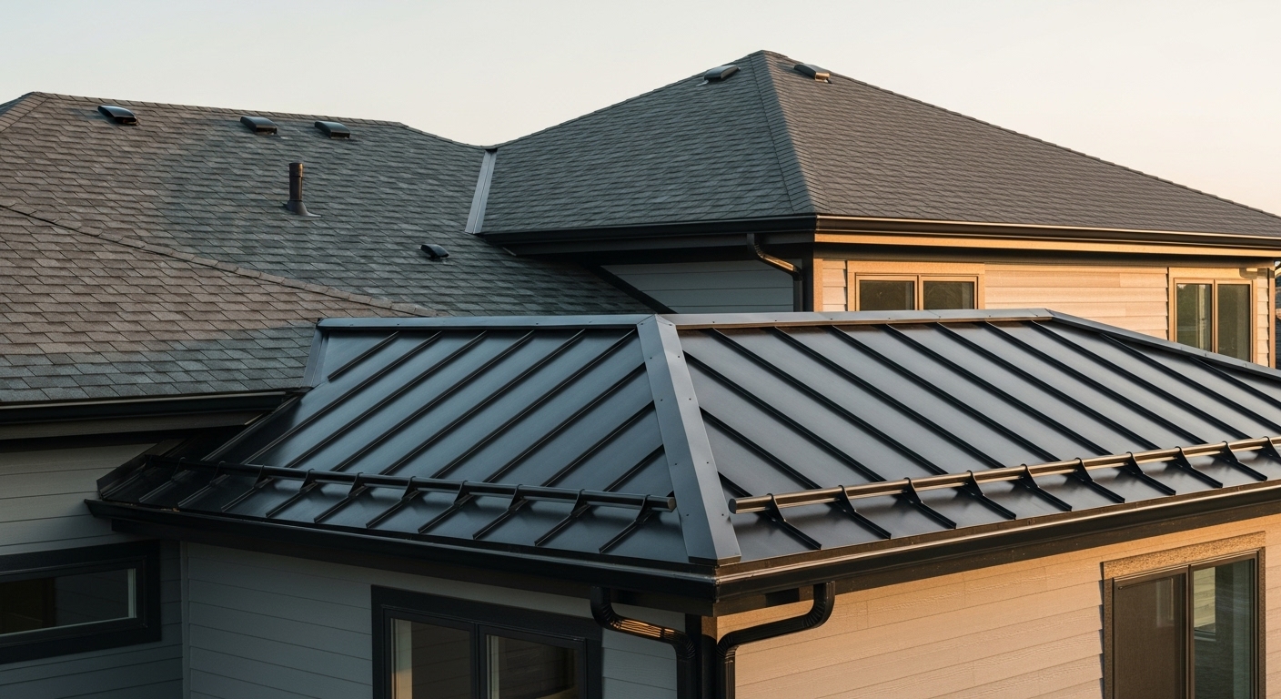 Close-up of a modern house roof with mixed materials—sleek metal panels and classic asphalt shingles, highlighting style and durability