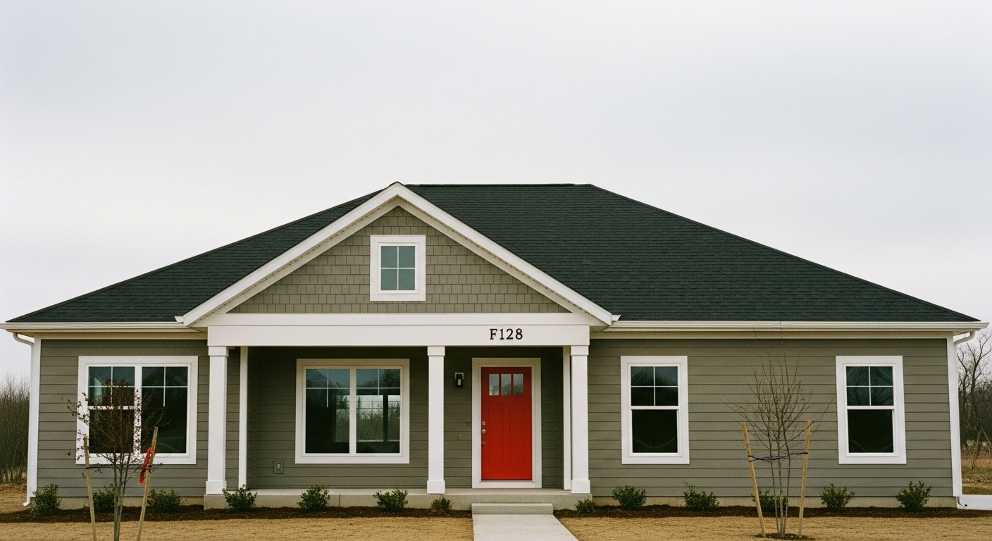 A vibrant exterior photo of a house with warm gray walls, white trim, a dark gray roof, and a bold statement front door in contrasting color, with natural landscaping around.