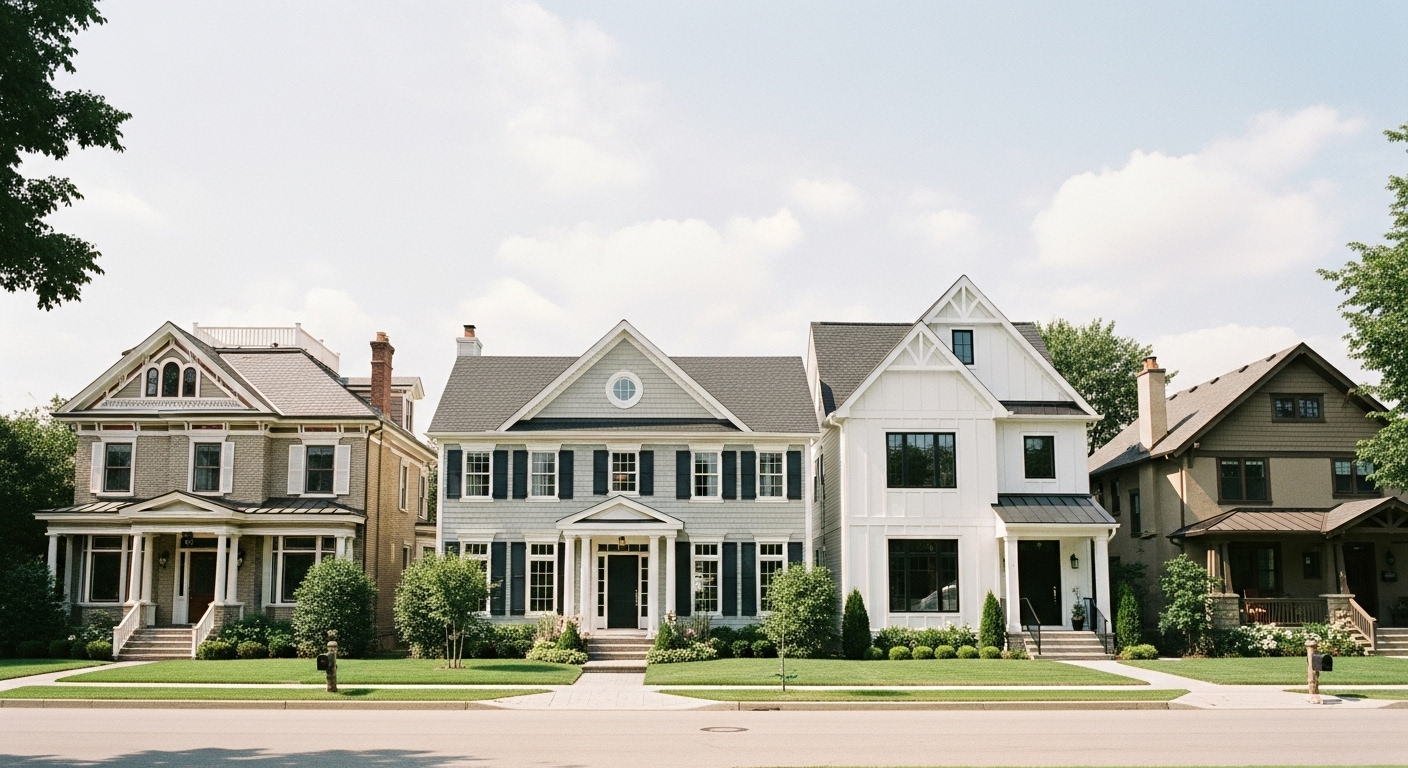 A photo of diverse home exteriors showcasing Victorian, Colonial, Modern Farmhouse, and Craftsman architectural styles side by side, highlighting unique features like trims, roofs, and facades.