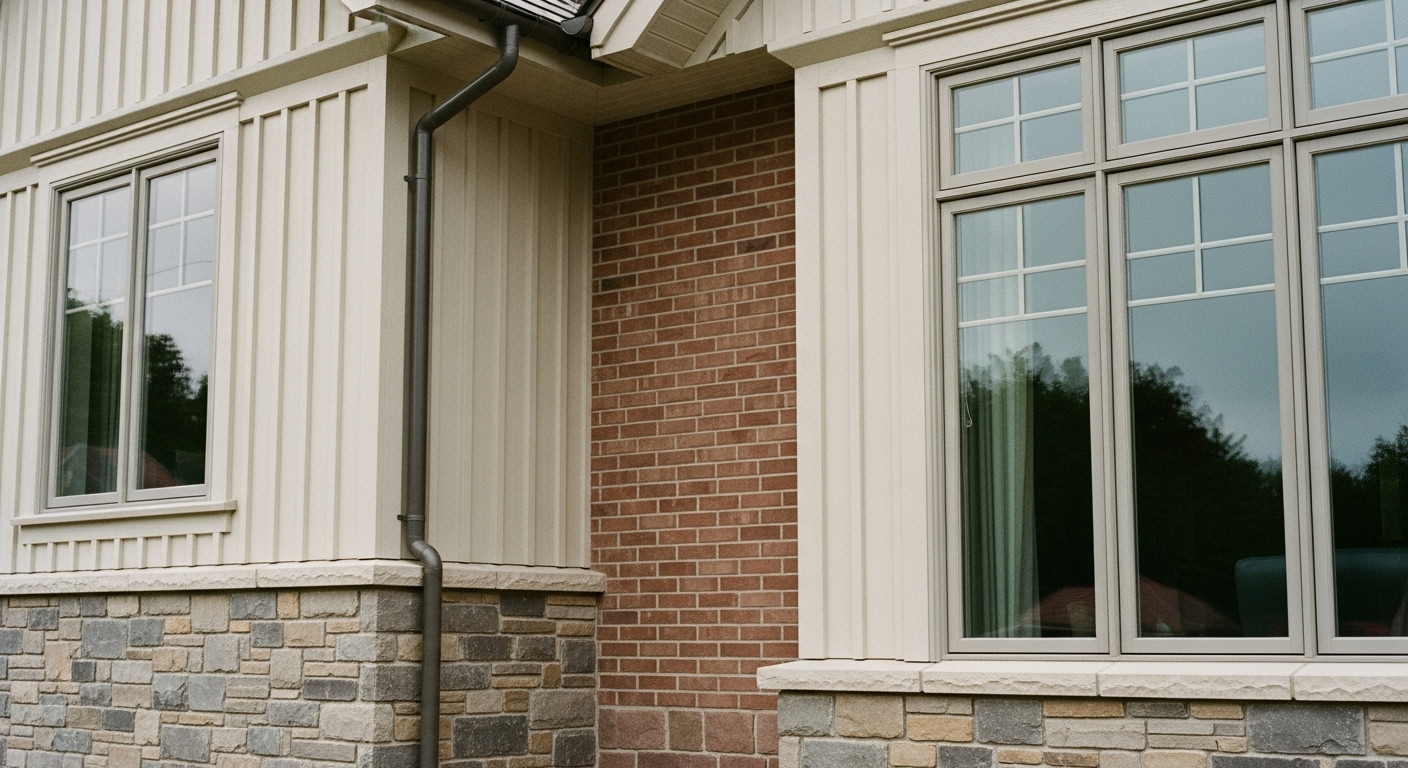 A close-up exterior shot of a house combining board and batten siding, brick accent walls, natural stone elements, and large windows with decorative trim, showing varied textures and materials.