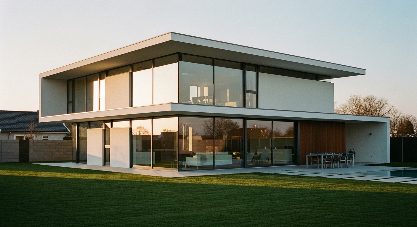 Sleek modern home exterior with flat roof, expansive glass windows, clean lines, and minimalist design in natural surroundings