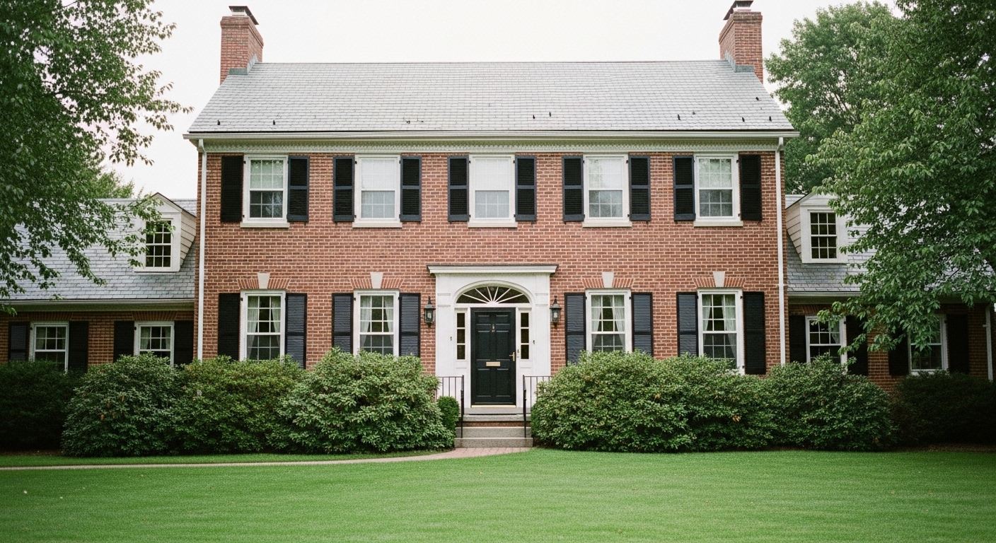 Elegant colonial home with symmetrical windows, central front door, brick exterior, and classic black shutters