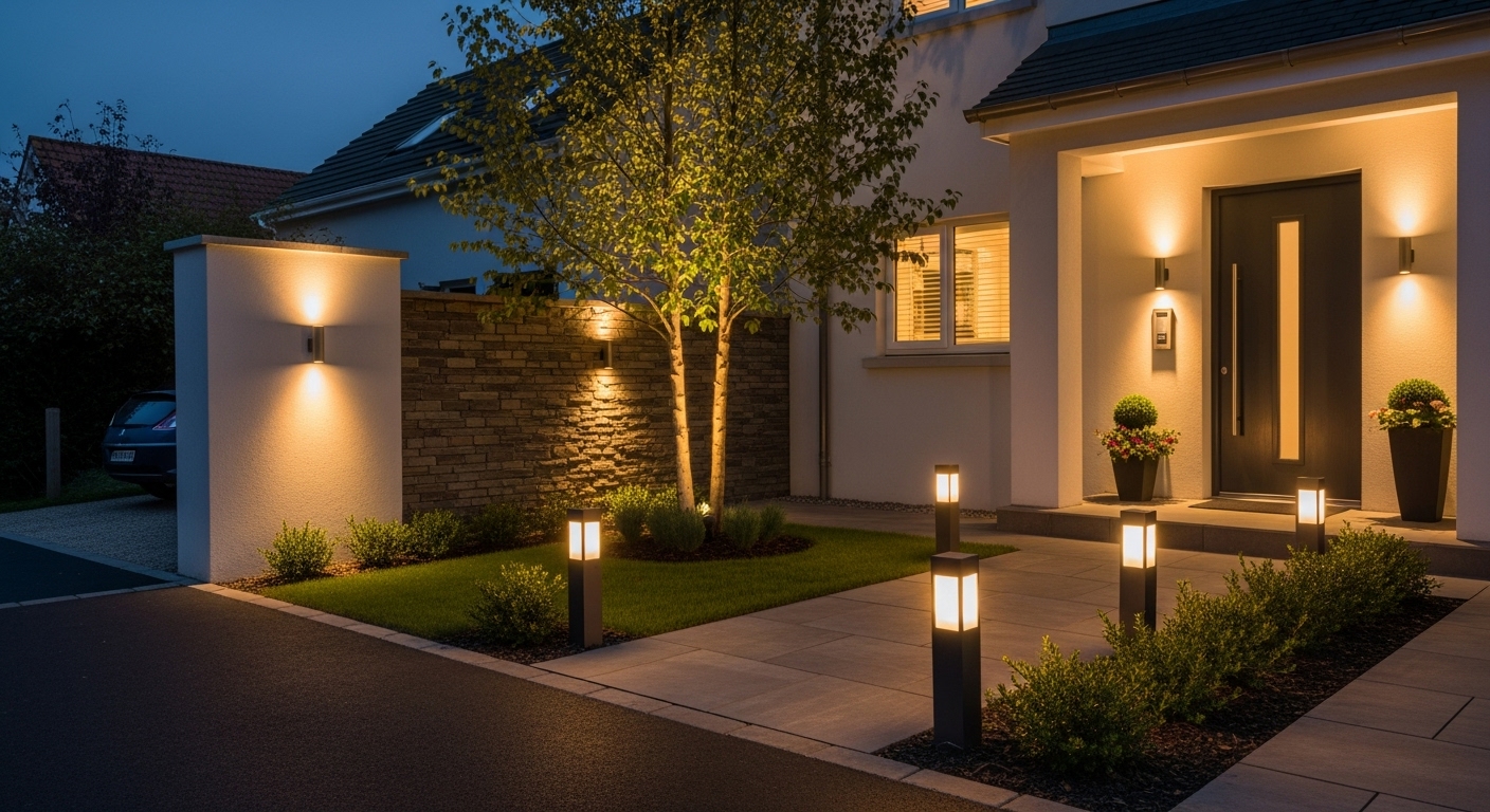 Elegant outdoor lighting with pathway lights, entryway sconces, and architectural spotlights creating a warm evening ambiance