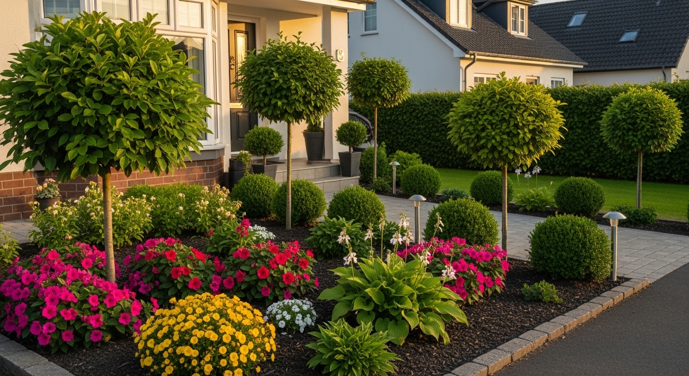 A well-landscaped front yard with vibrant flowers, structured shrubs, a few young trees, and subtle landscape lighting, framing a charming house exterior.