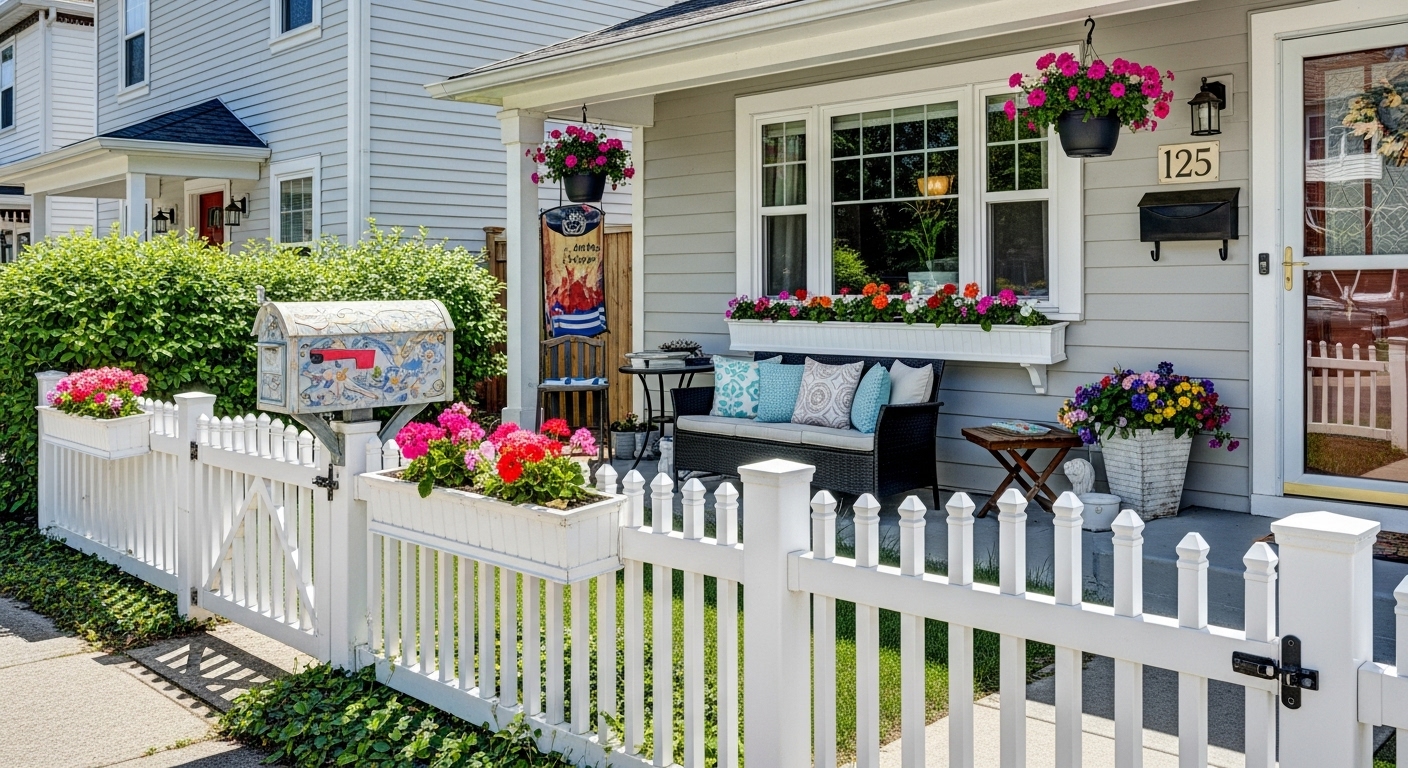 Front yard with a white picket fence, flower-filled window boxes, unique mailbox, and cozy porch seating for inviting charm

