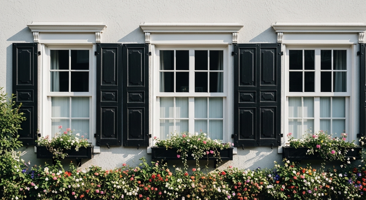 Classic house facade with clean-trimmed windows, black decorative shutters, and vibrant flower boxes for charming curb appeal

