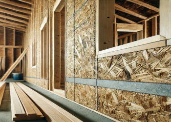 A close-up of a house under construction, highlighting plywood and OSB sheathing behind the siding. The image shows the durability and insulation properties of these materials