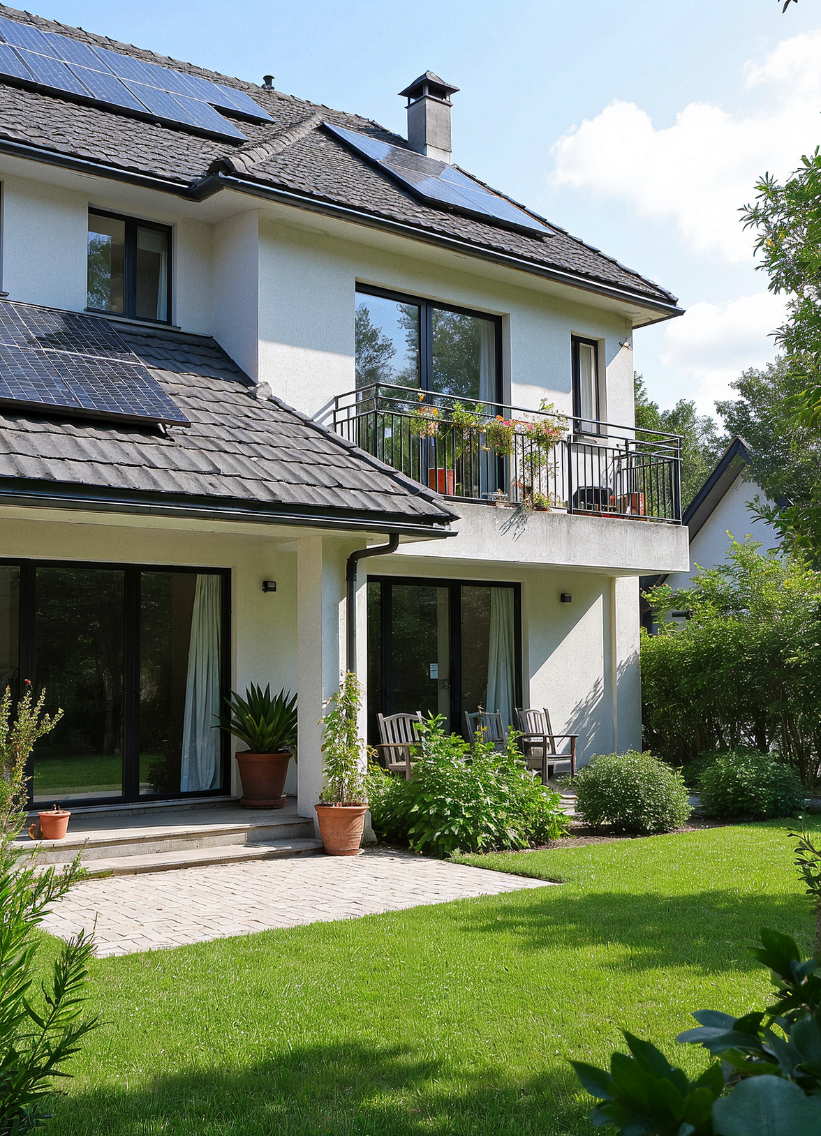 Eco-friendly modern home with solar panels and energy-efficient features promoting sustainable living