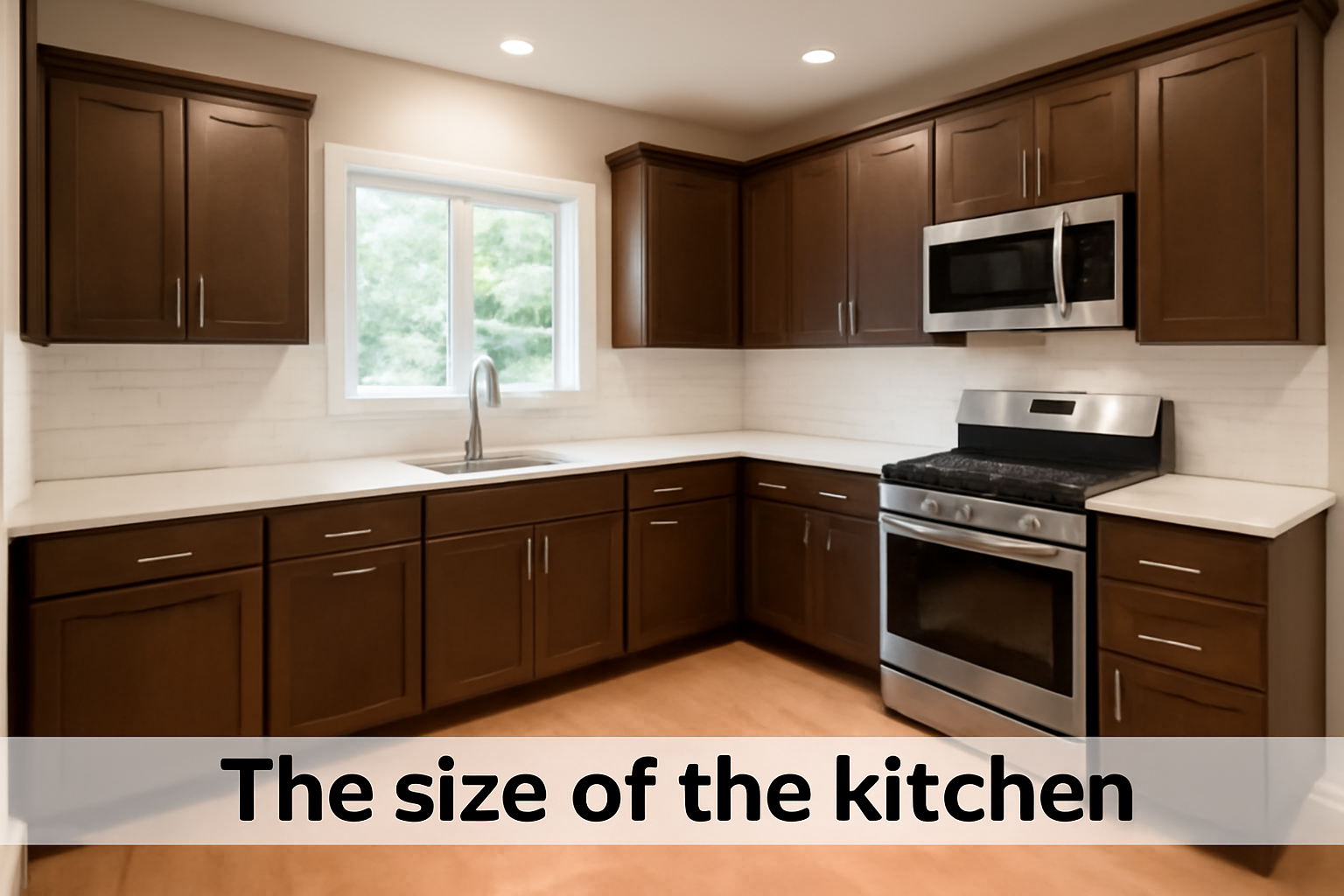 Spacious modern kitchen with dark brown shaker-style cabinets, white granite countertops, and stainless steel appliances, illustrating the importance of kitchen size in renovation costs.