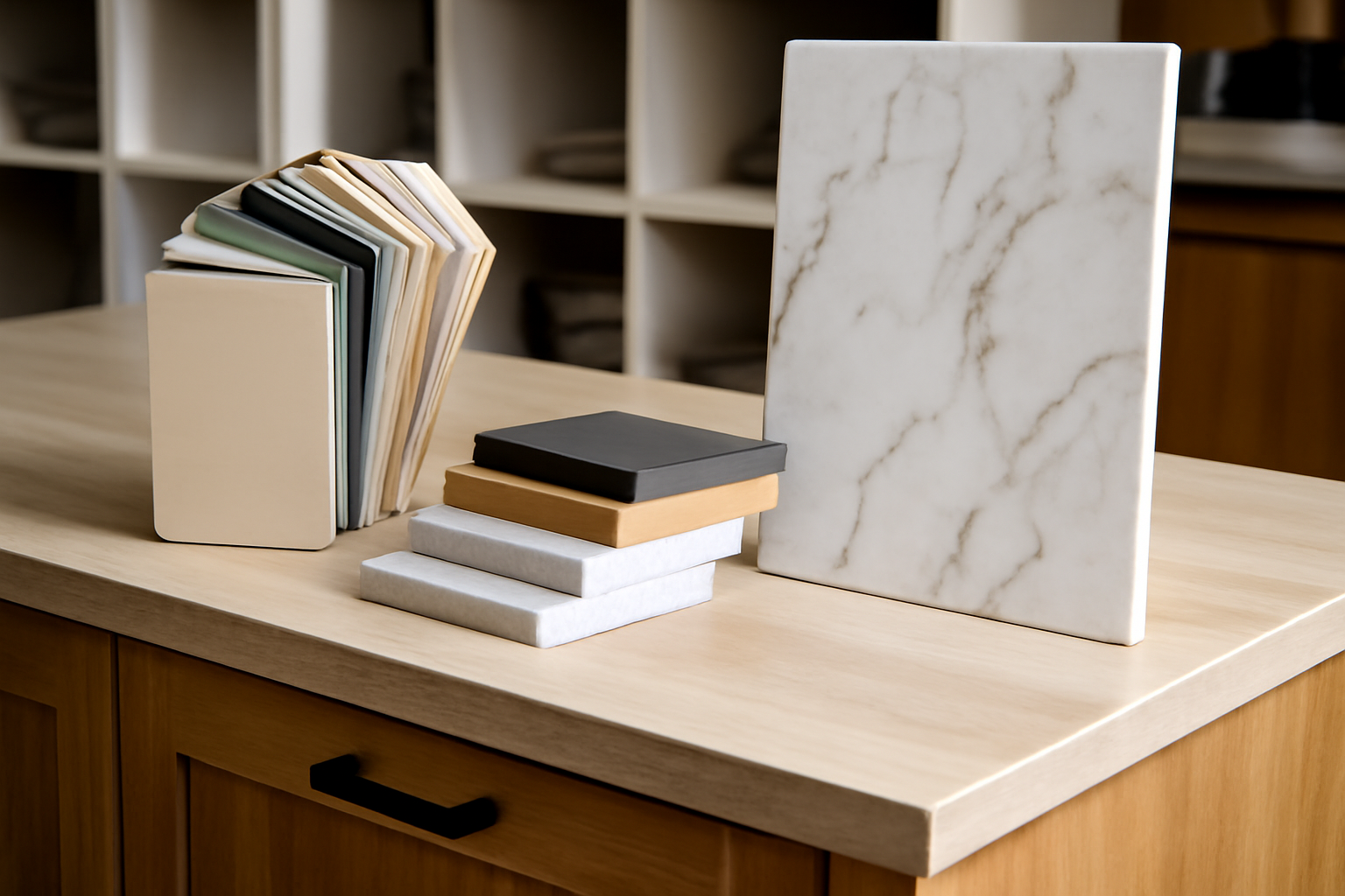 A high-end kitchen showroom with various cabinet swatches and a polished marble countertop displaying a mix of wood grain and marble materials, showcasing premium quality options for a kitchen renovation