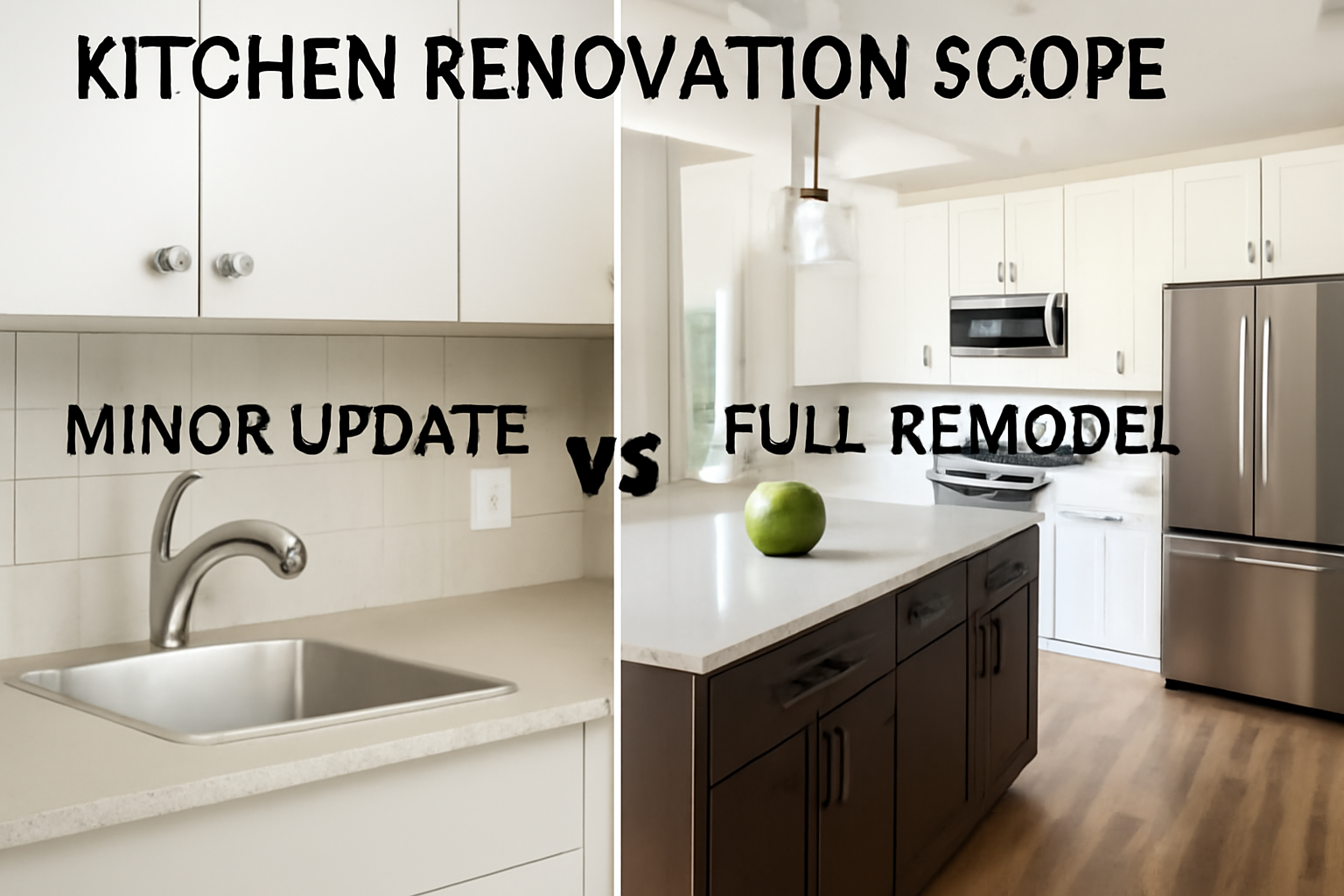 A comparison of minor kitchen updates versus a full kitchen remodel showcasing cost and work scope in a modern kitchen.