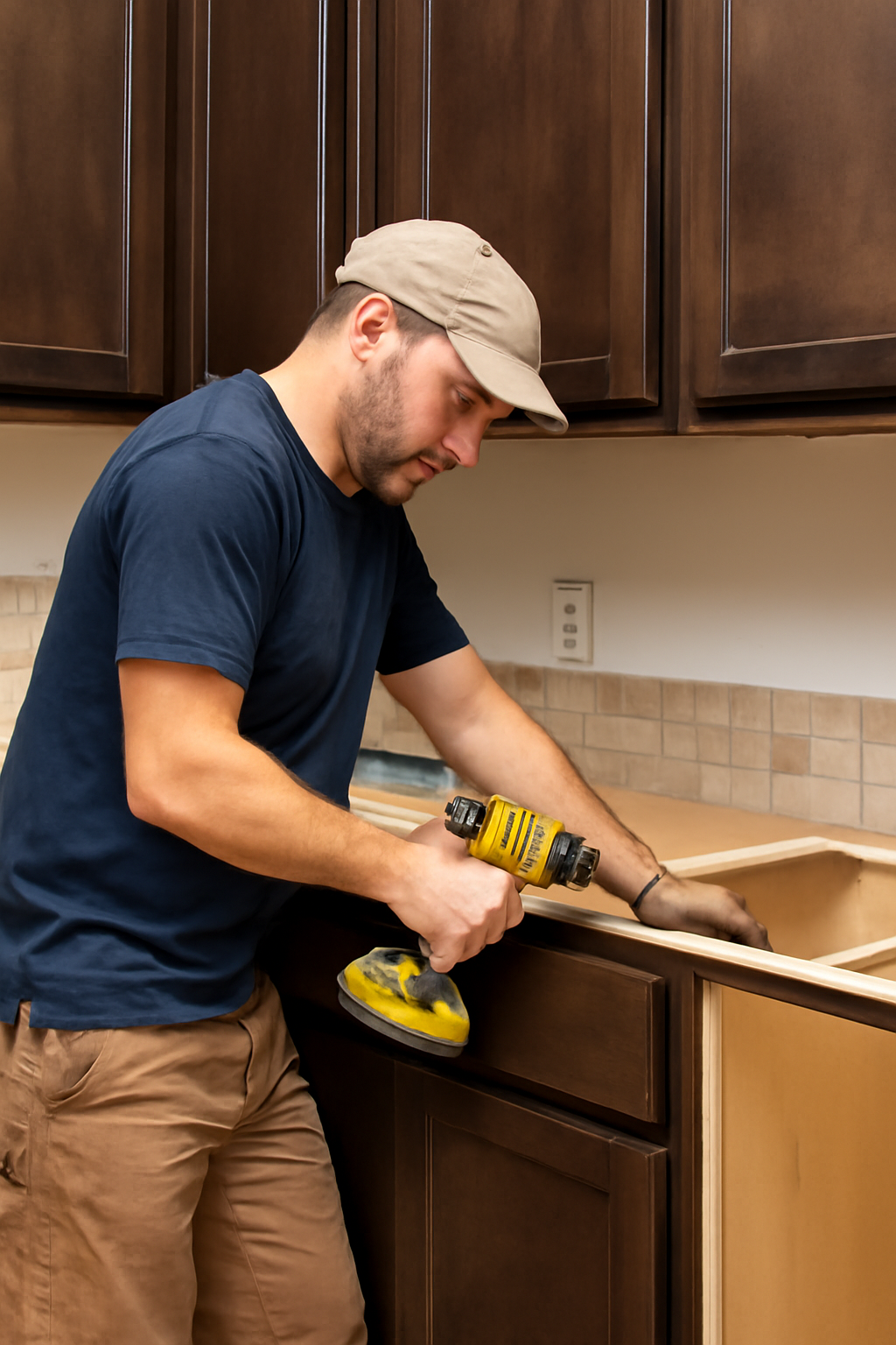 A construction worker installing dark brown wooden cabinets in a kitchen renovation, emphasizing labor costs in the remodeling process