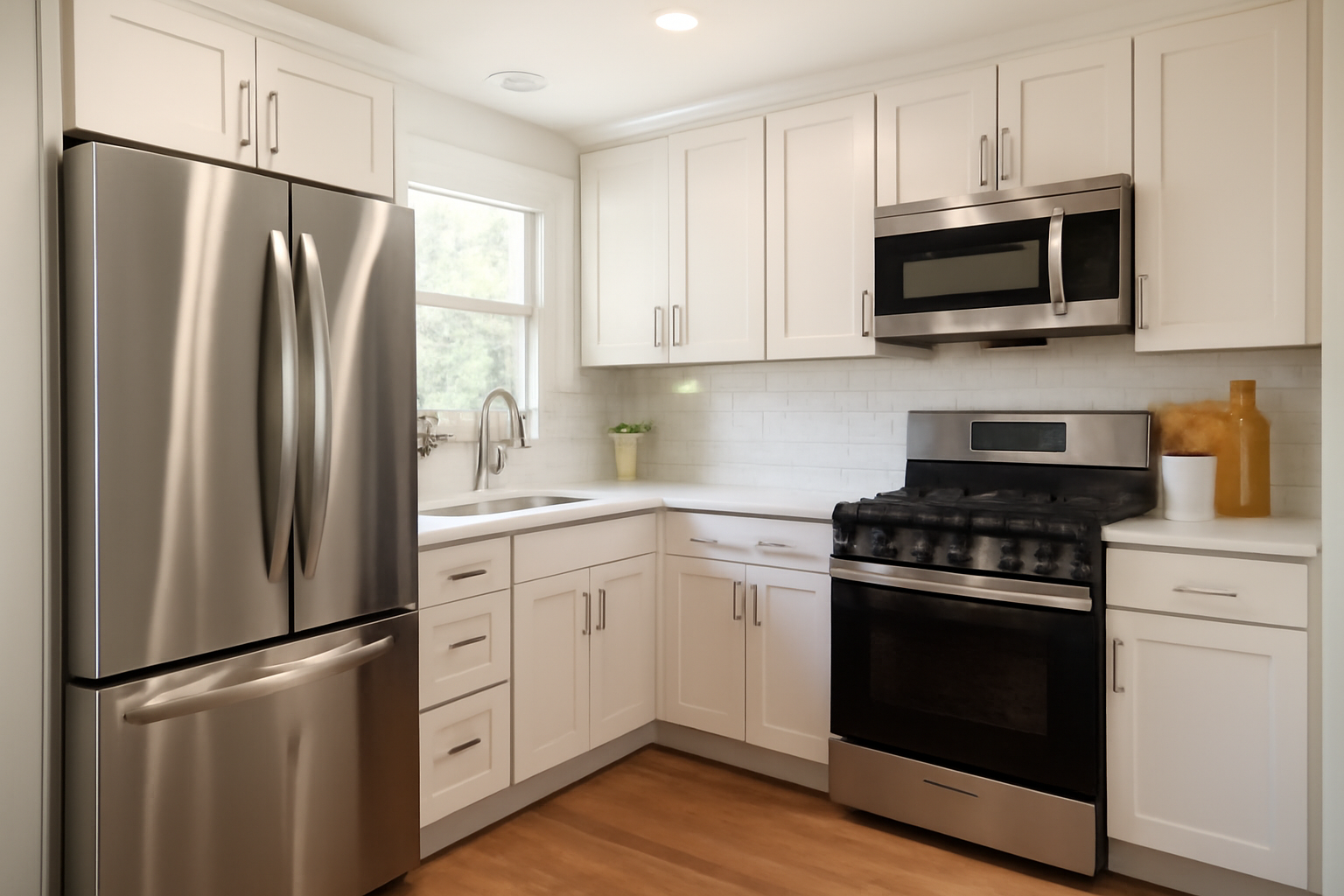 Sleek modern kitchen remodel featuring white cabinetry, stainless steel appliances, and hardwood floors. Bright, sunny kitchen with natural light.