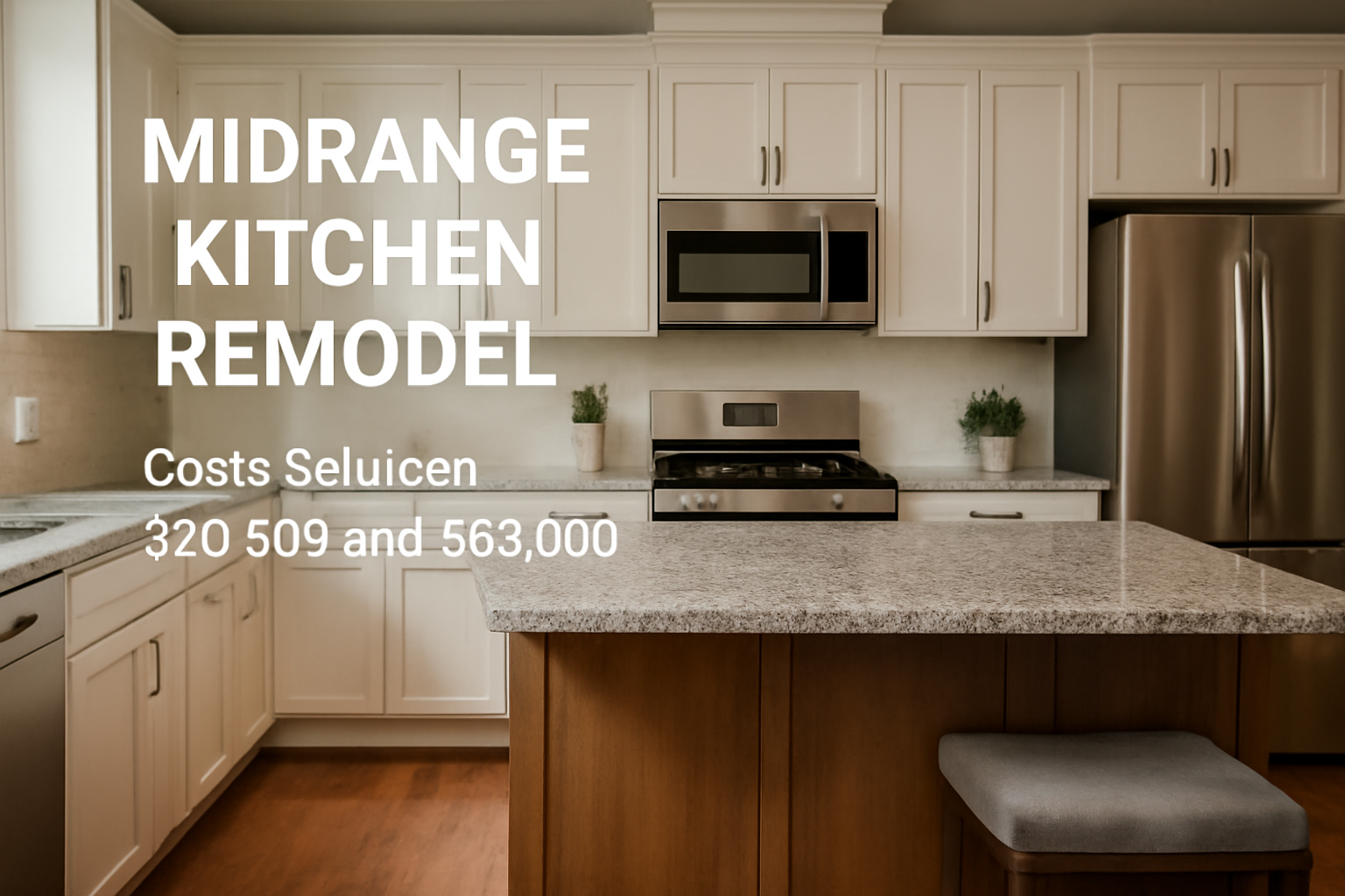 High-end midrange kitchen remodel with sleek wooden finishes, modern stainless steel appliances, and speckled granite countertops.