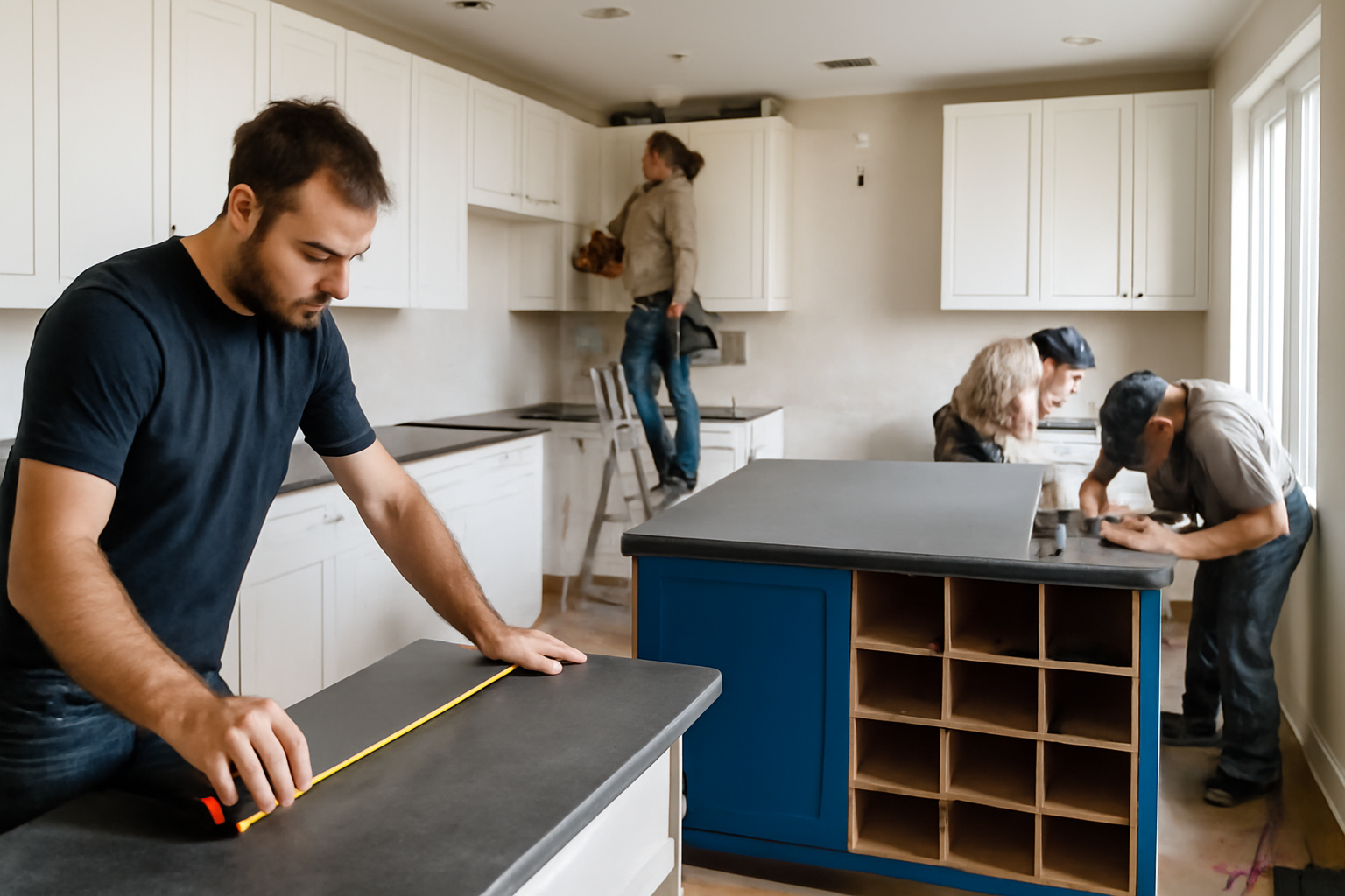 A kitchen being remodeled with workers installing new cabinets and a blue island, tools and construction materials scattered around, natural light pouring through large windows.