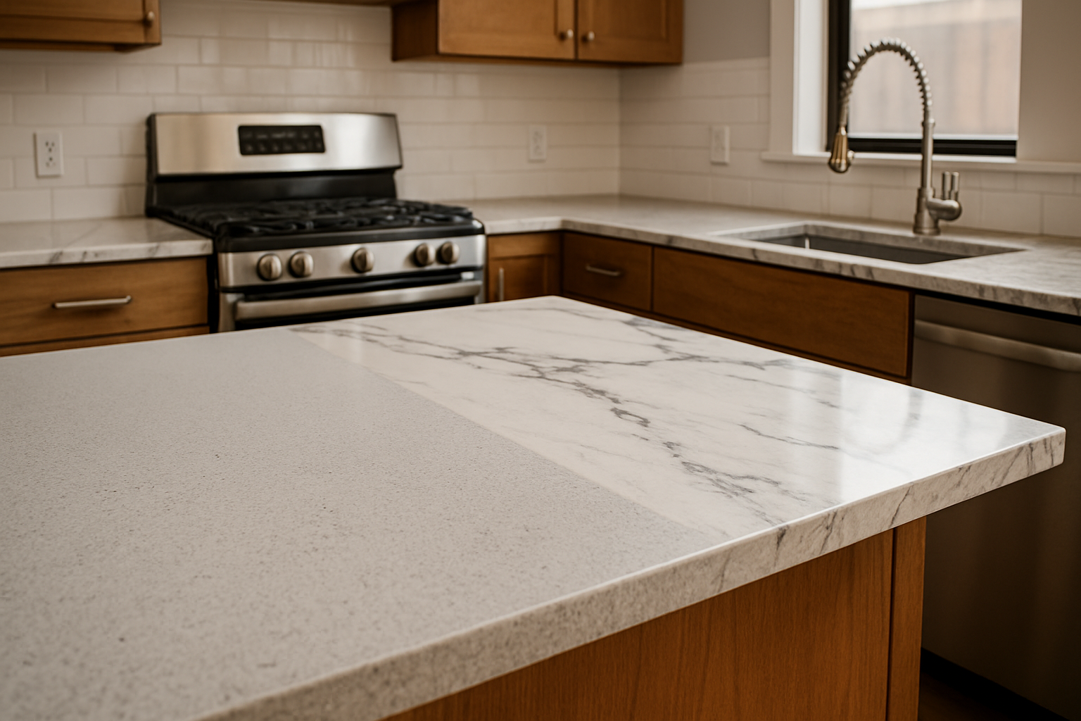 A high-resolution photo of a modern kitchen with a marble island and quartz countertops, showing the contrast between luxury and budget-friendly materials.