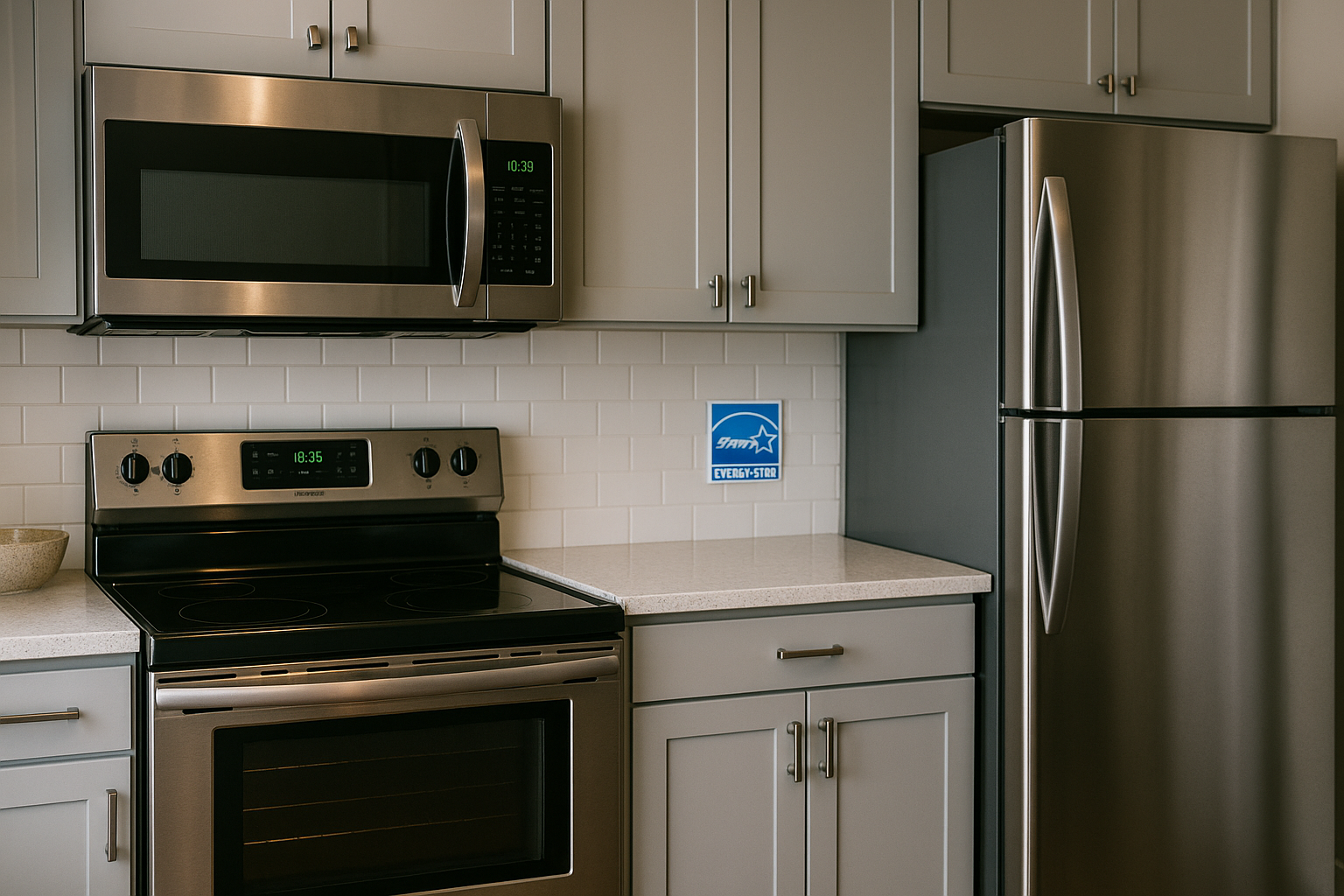 Stainless steel appliances including a microwave, stove, and refrigerator in a modern kitchen with ENERGY STAR certification logo on white tile backsplash.