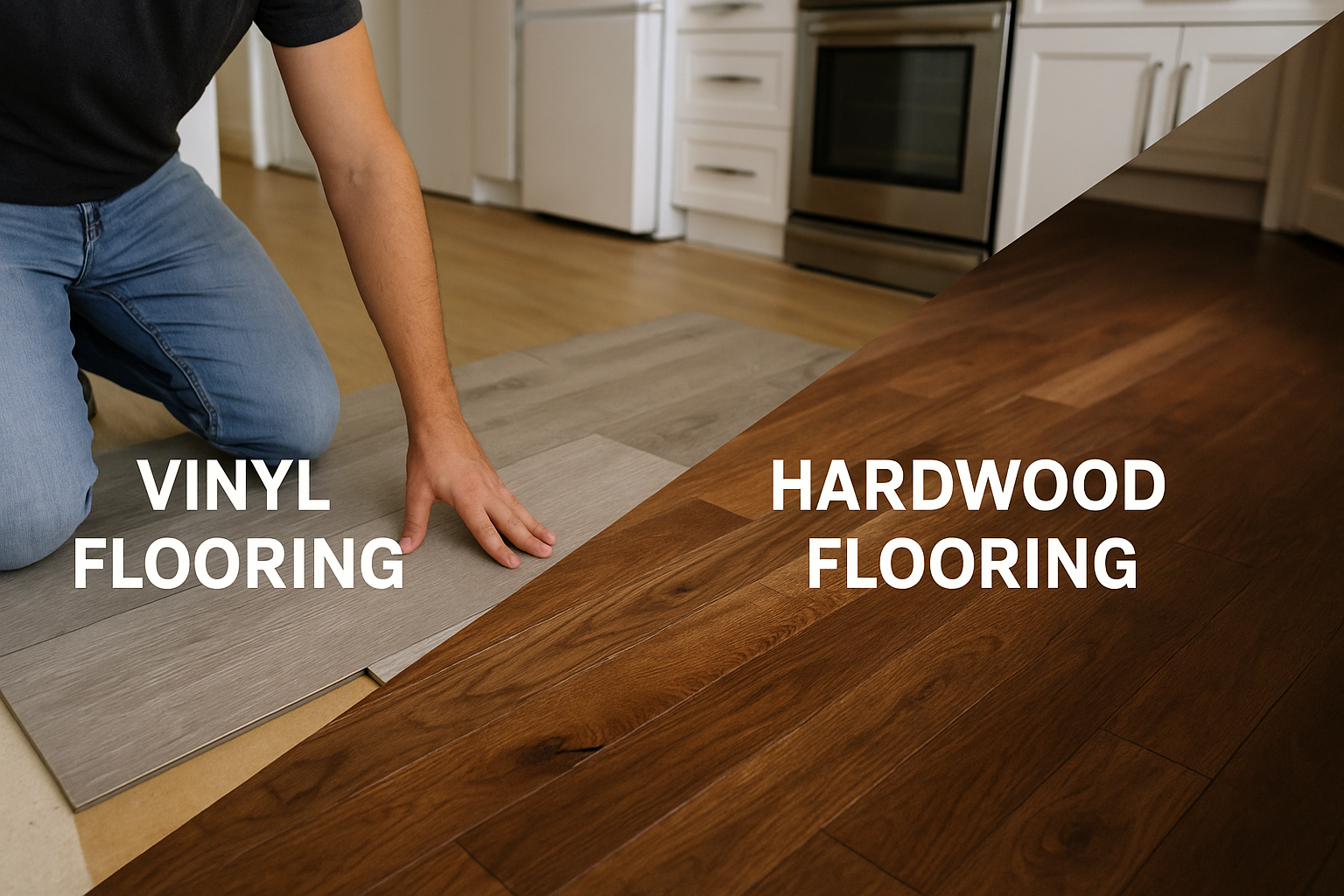 A photo of a person comparing vinyl and hardwood flooring during a kitchen renovation, showing the cost-effective vinyl option next to a premium hardwood surface.