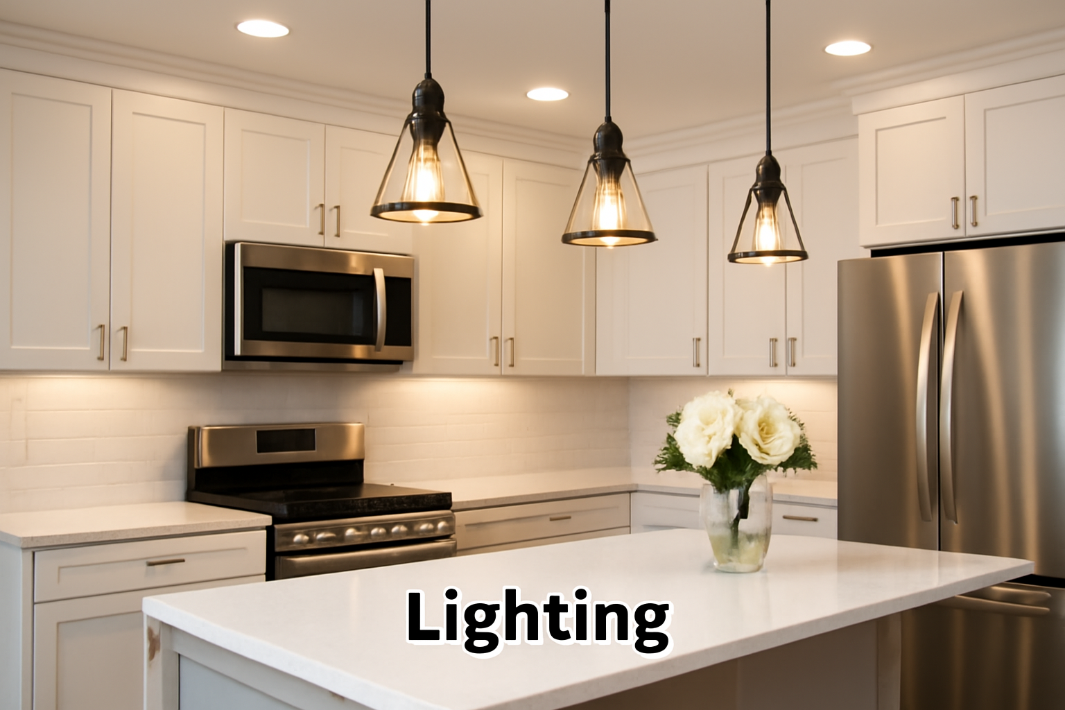 Modern kitchen with black metal pendant lights over a white quartz island, highlighting the crucial role of lighting in kitchen design.