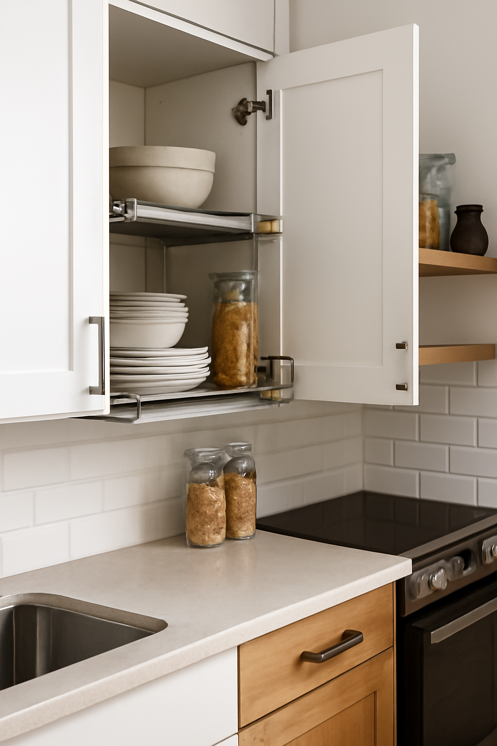 A modern, space-efficient kitchen with a white cabinet featuring a pull-out wire shelving unit. The shelves are neatly organized with plates, ceramic bowls, and glass jars, showcasing smart storage in a compact kitchen.

