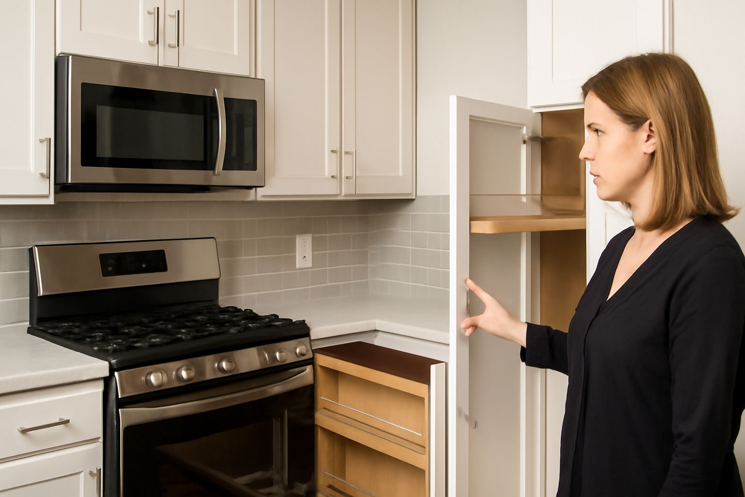 A female kitchen designer presenting a pull-out pantry in a modern, minimalist kitchen with white cabinets and stainless steel appliances.