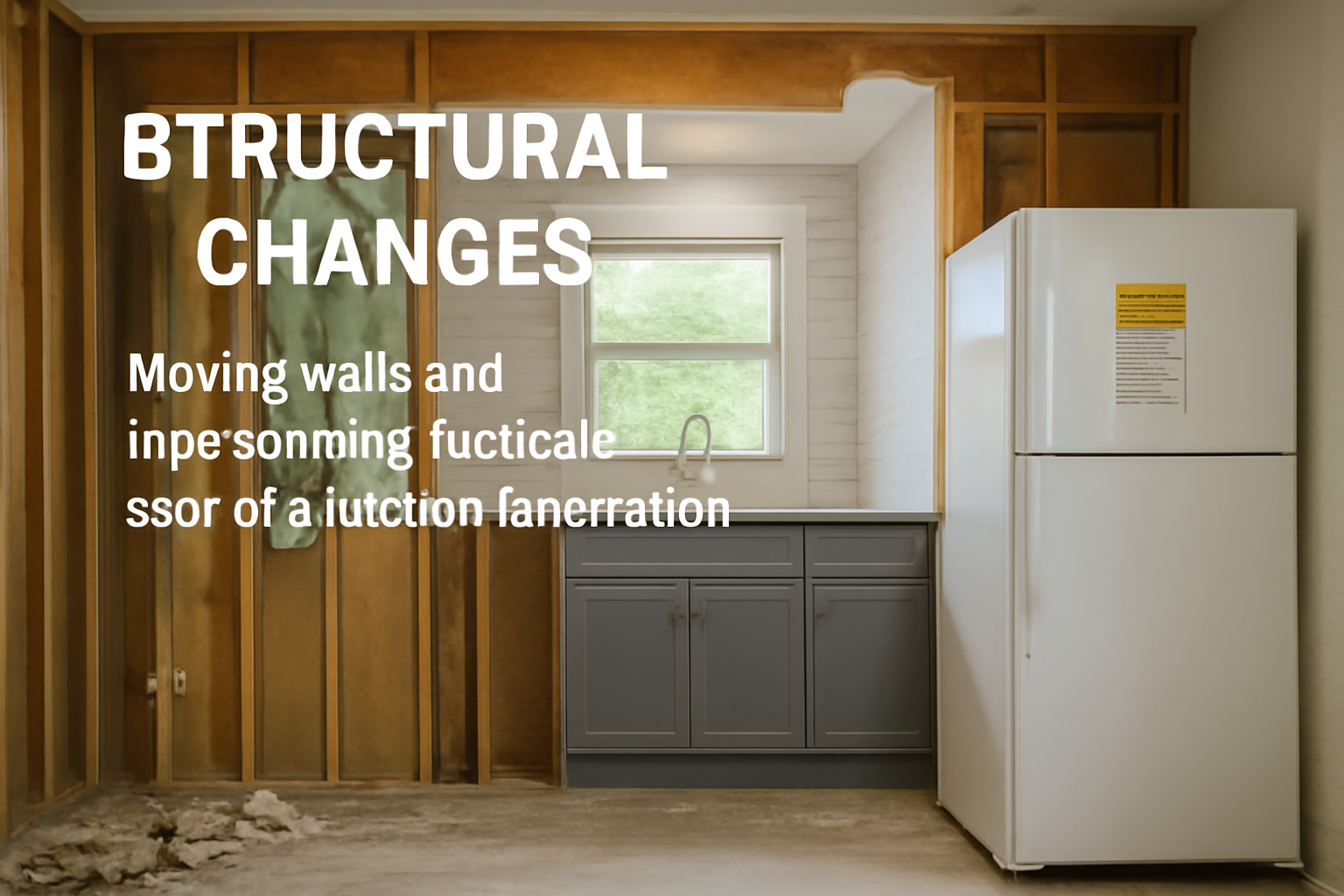 A kitchen undergoing structural changes with exposed framing, insulation, and a new gray cabinet, highlighting a renovation involving wall repositioning.
