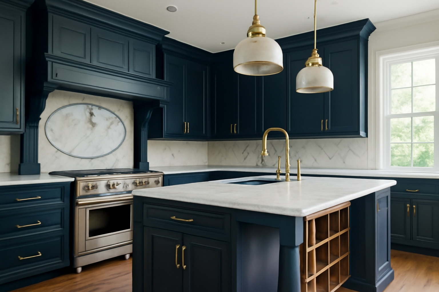 A luxurious kitchen with navy blue custom cabinetry, marble backsplash, brass hardware, and pendant lighting, highlighting the sophisticated design and unique features of the space.