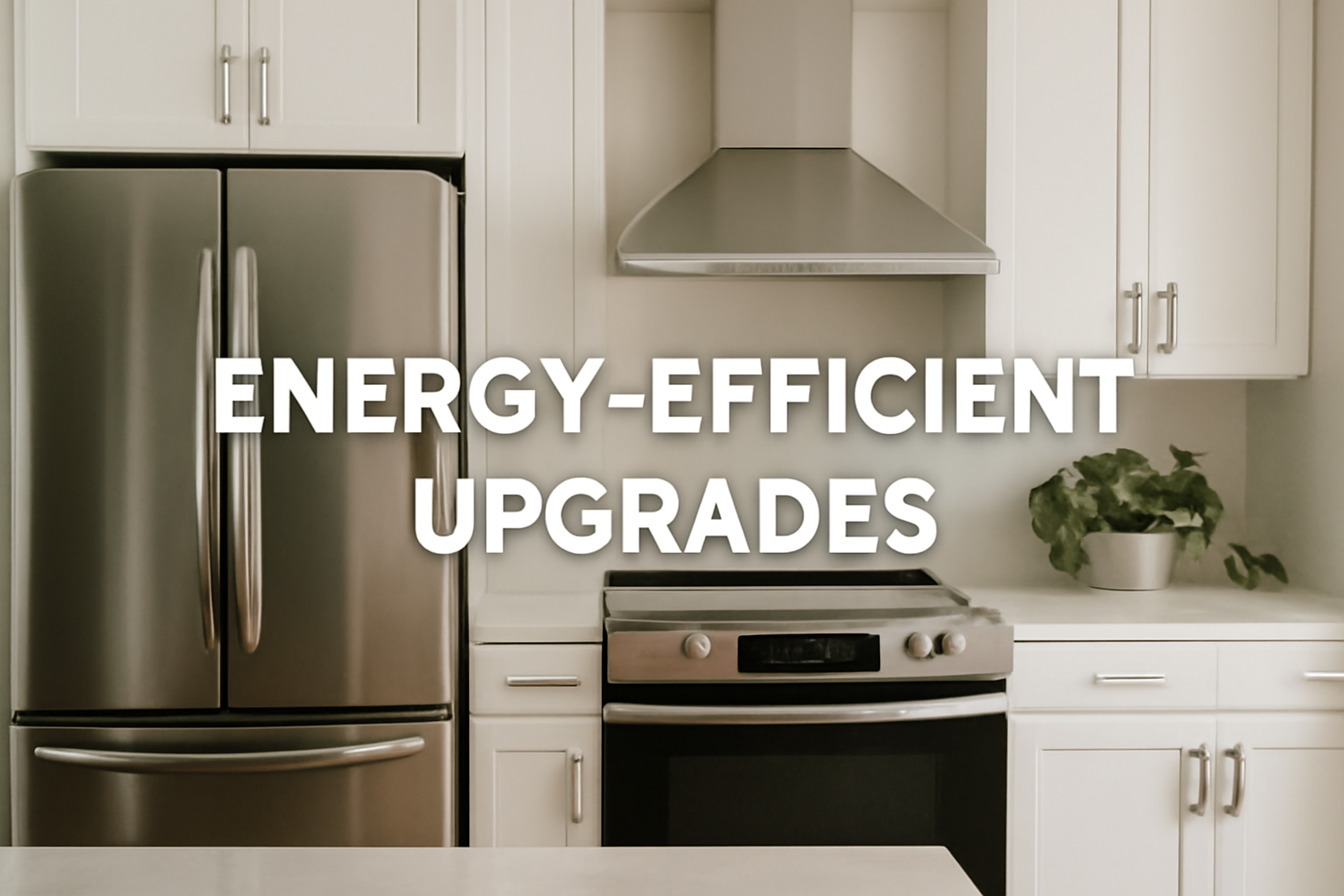 Energy-efficient kitchen with stainless steel refrigerator, induction cooktop, and range hood, surrounded by sleek white shaker cabinets and complemented by a green plant, all bathed in soft natural light.