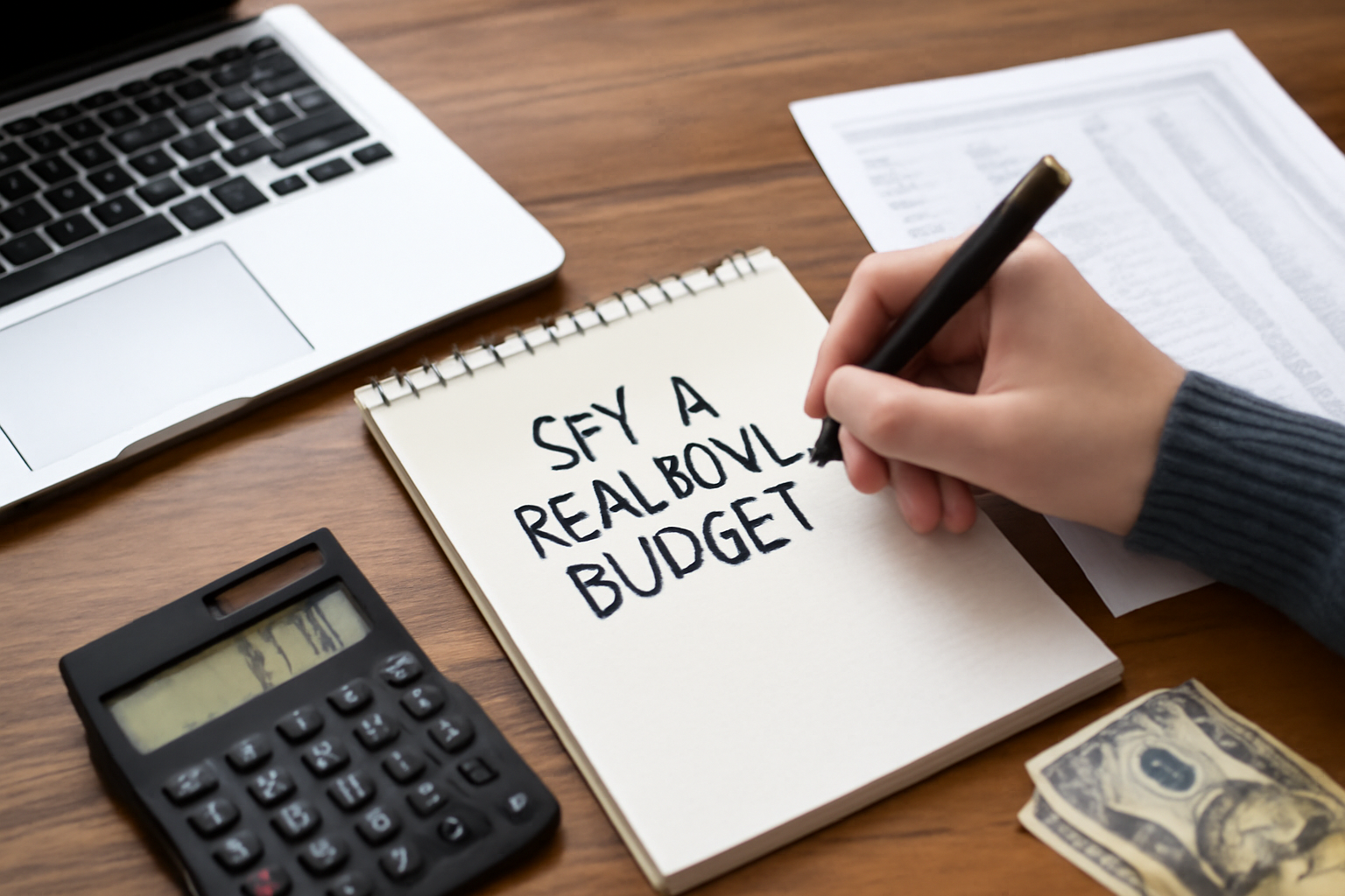 Person setting a realistic budget for kitchen remodeling with a calculator, budget spreadsheet, and stack of dollar bills on a wooden table.