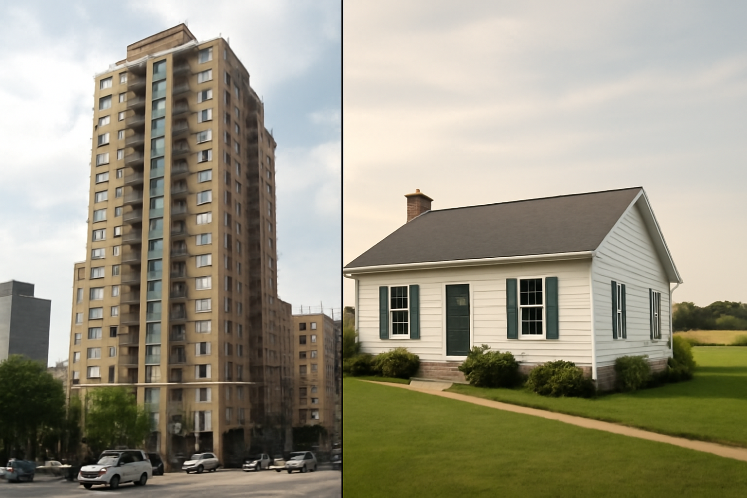 A comparison of urban and rural living environments showcasing the difference in living spaces – a city high-rise apartment and a rural single-story house.