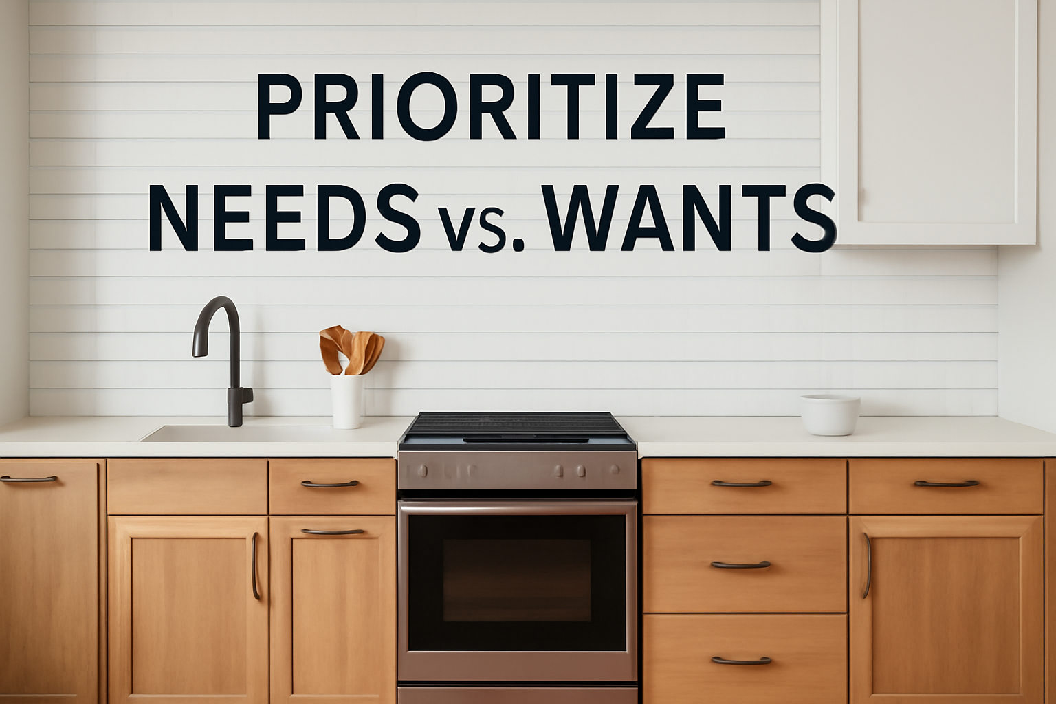 A sleek, minimalist kitchen with modern appliances and natural wood tones, featuring the phrase "PRIORITIZE NEEDS vs. WANTS" in bold letters on the wall.