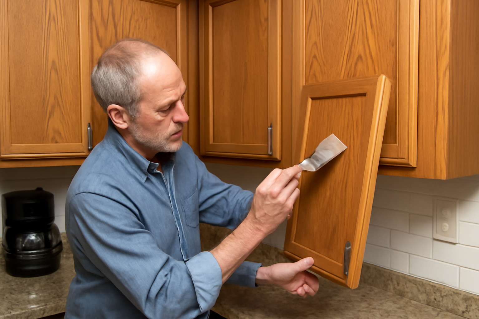 An older man refinishing an oak kitchen cabinet in a warm kitchen with granite countertops, oak cabinetry, and a white subway tile backsplash.