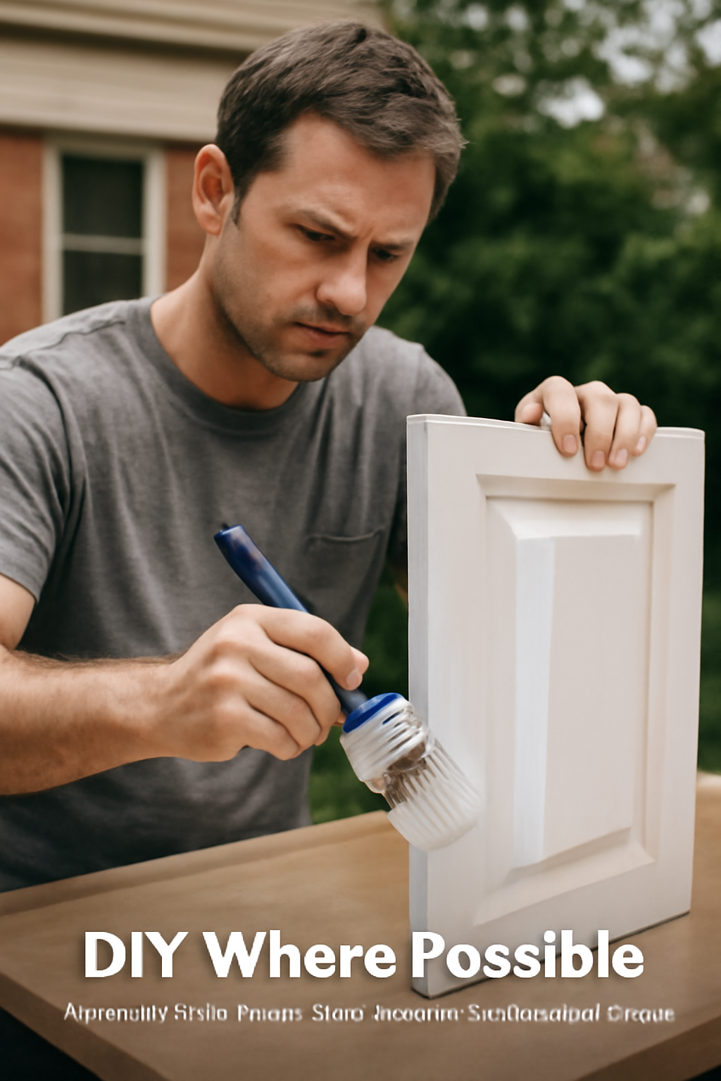A man focused on painting a wooden kitchen cabinet door outdoors, emphasizing DIY kitchen renovation tasks.