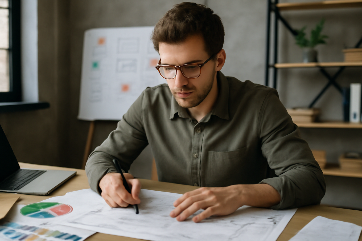 Focused male designer working on a detailed blueprint in a well-lit modern office, surrounded by design materials and a laptop.