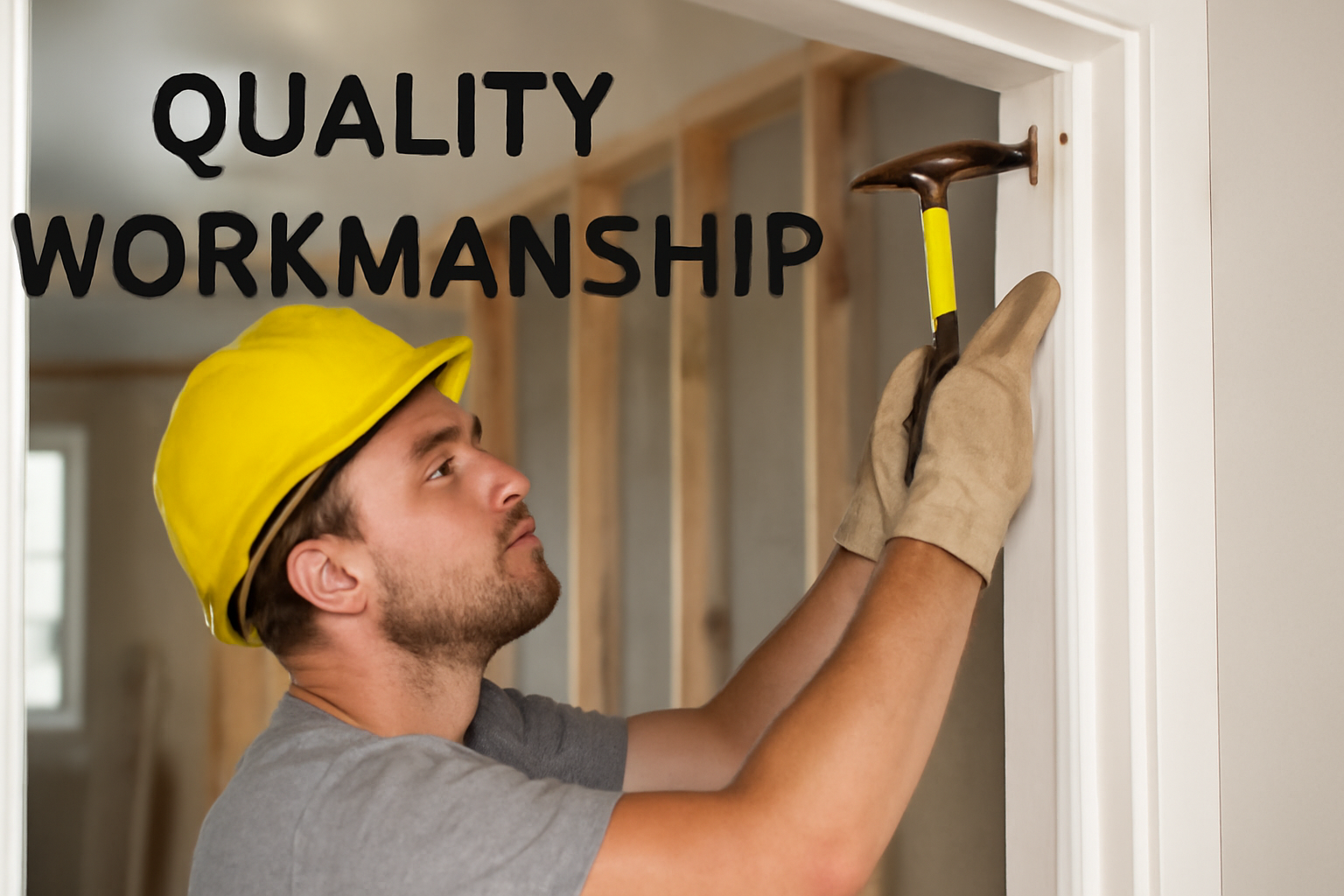 A young construction worker in a yellow hard hat fitting a doorframe during an interior renovation, symbolizing quality workmanship in home improvement.