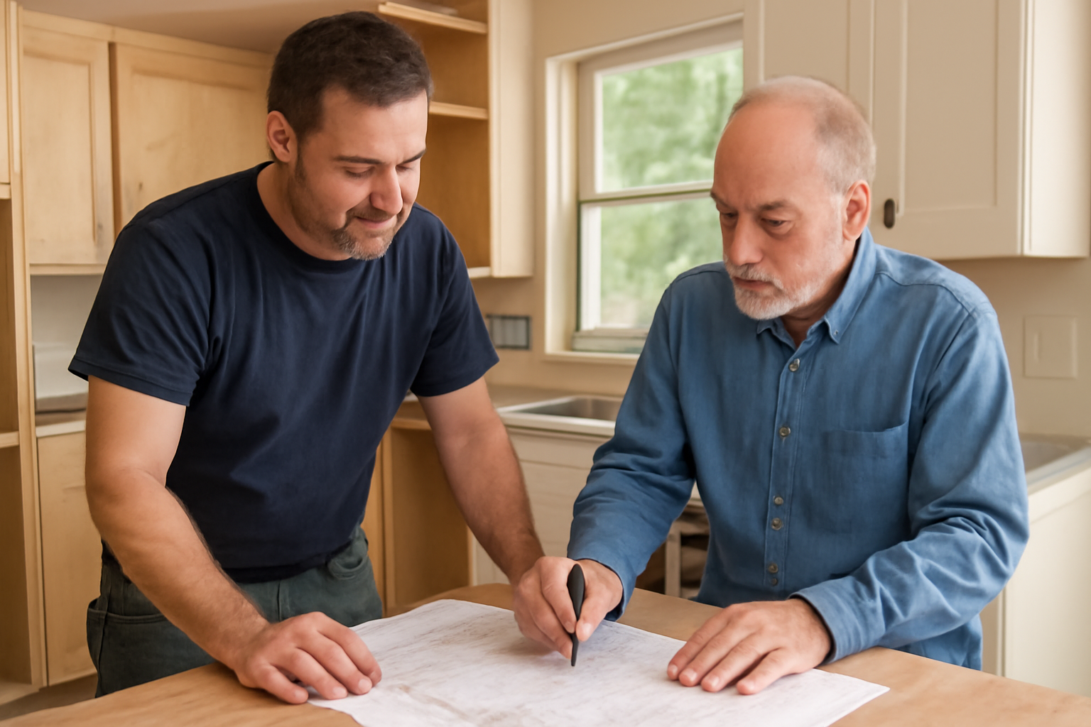 Two men reviewing kitchen renovation plans over a blueprint in a partially remodeled kitchen with unfinished cabinets and natural light streaming in