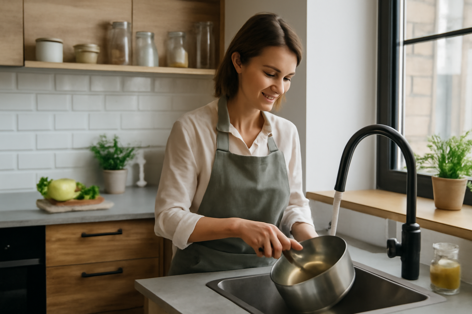 Middle-aged woman cleaning a saucepan in a modern kitchen with efficient design, natural light streaming through a window.
