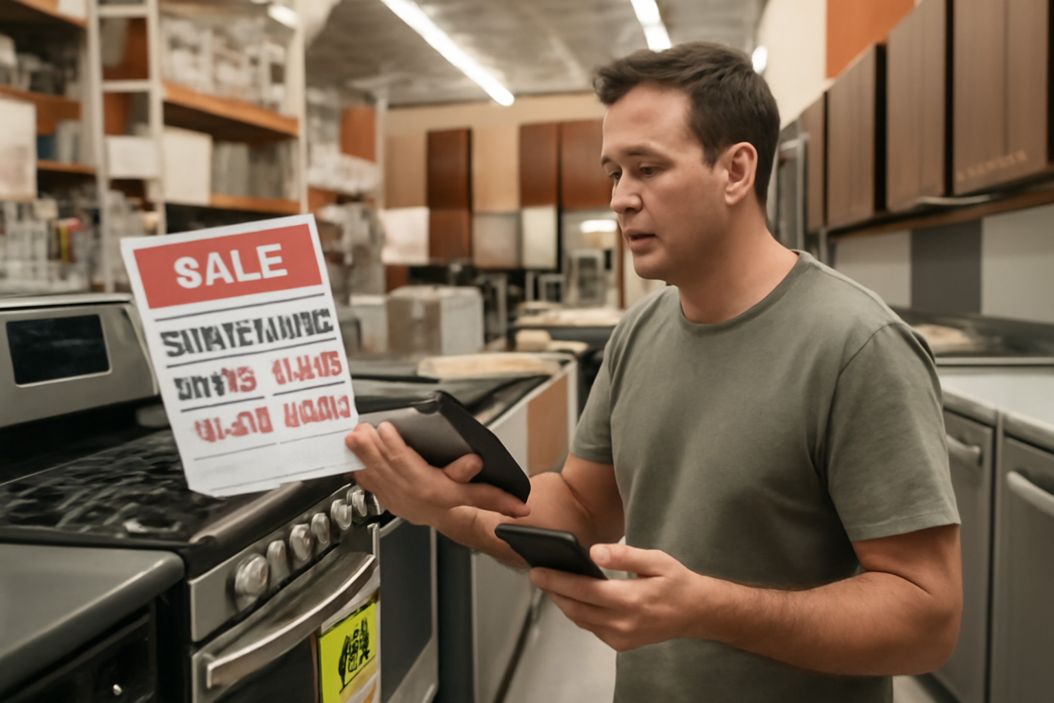 A man shopping for kitchen appliances in a home improvement store, comparing sales flyers and using his smartphone for price comparison.