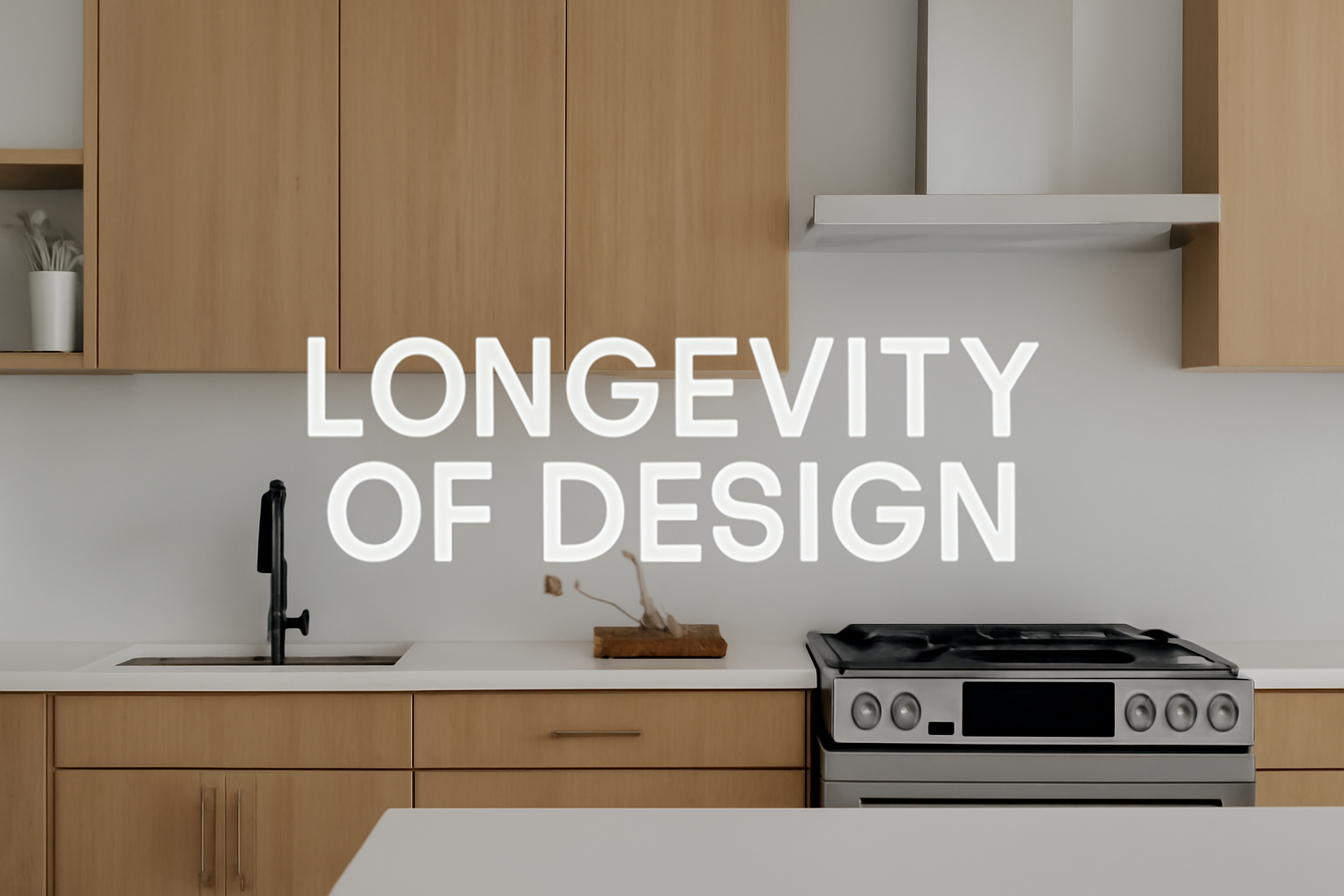 A sleek and modern kitchen with oak wood veneers and minimalist design elements, showcasing timeless kitchen design for longevity.