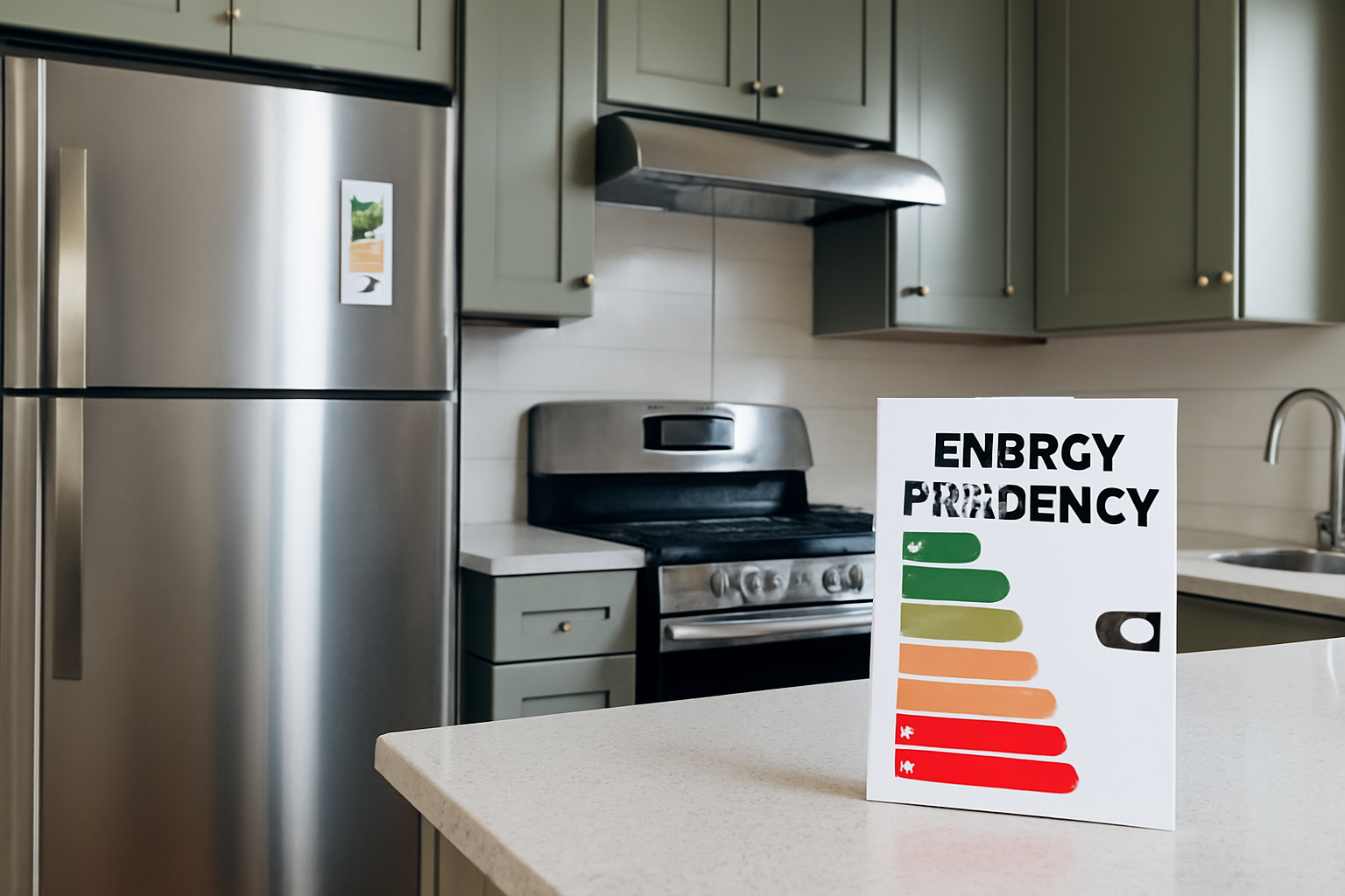 Modern kitchen with energy-efficient appliances showcasing a refrigerator with energy rating label, designed for sustainable living.