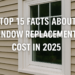 Modern double-hung window with white frame on beige siding representing window replacement cost in 2025