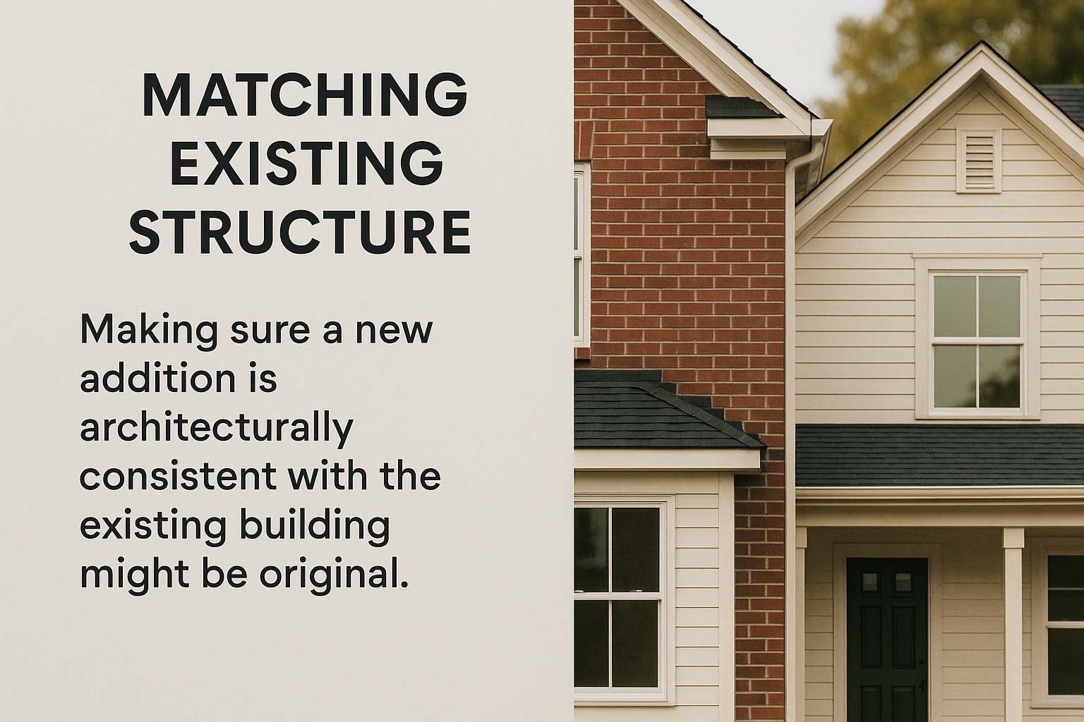 Home addition designed to match original building structure with visible transition between brick and vinyl siding