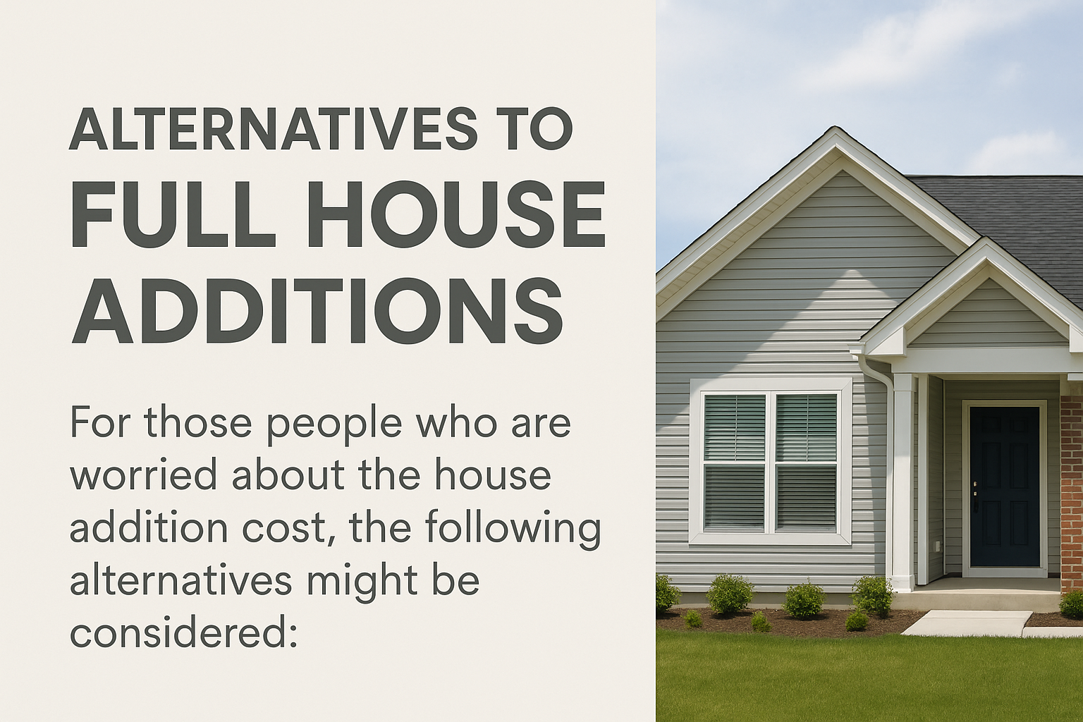 A graphic showing a modern suburban home with the title "Alternatives to Full House Additions," offering cost-saving options for homeowners considering smaller-scale expansions or renovations.