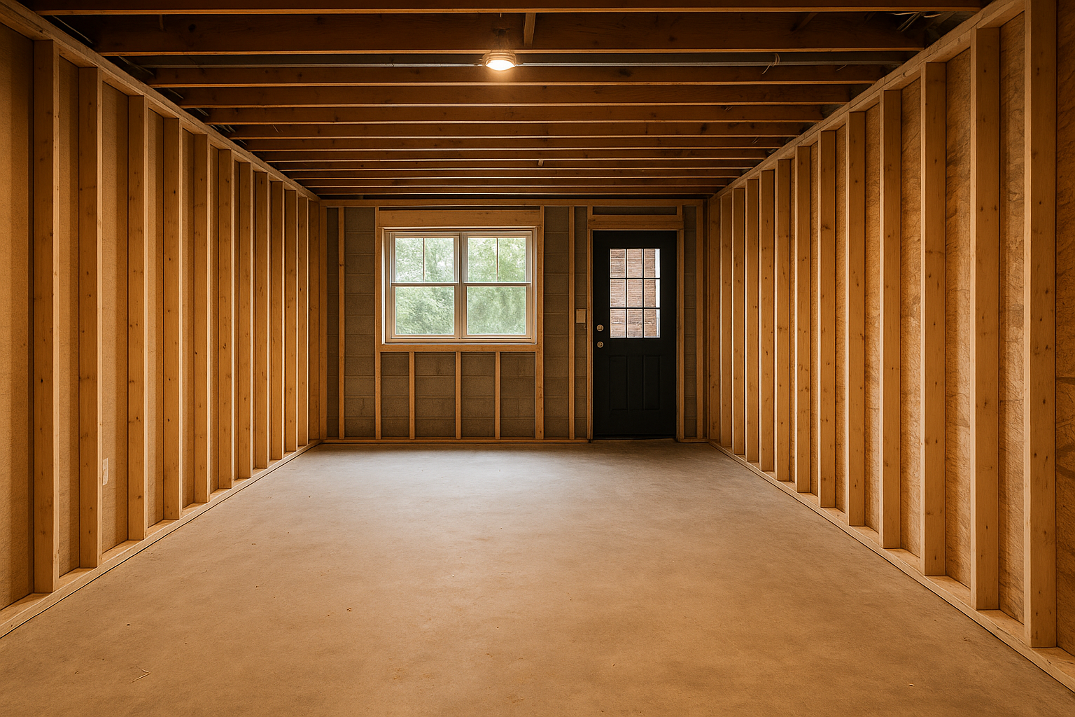 Spacious unfinished basement with framed walls, a window, and an exterior door, ideal for transforming into a livable room with natural light and ventilation.